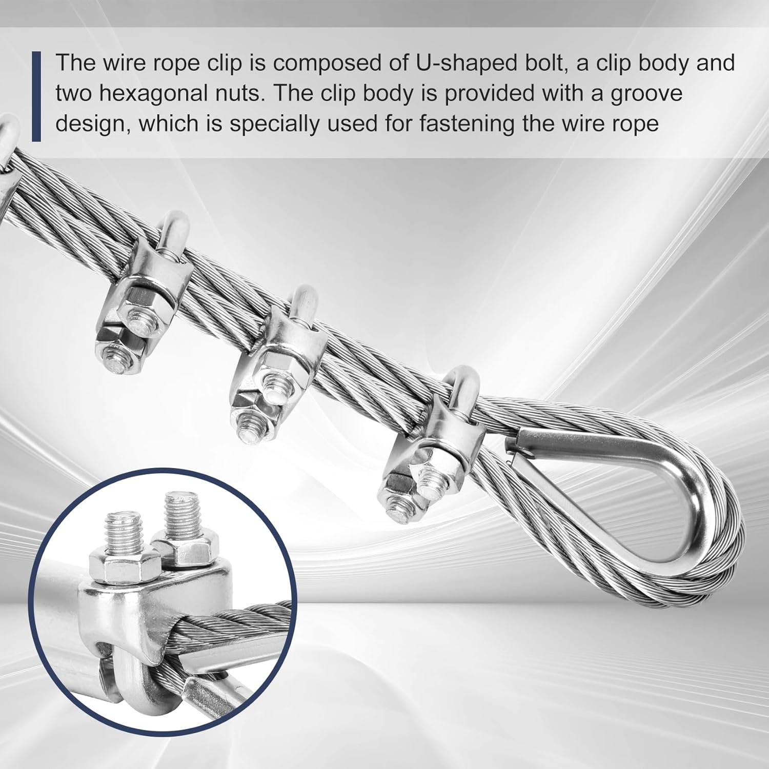 Thickened 1/4 Stainless Steel Cable, 25ft Wire Rope, 7X19 Strands Aircraft Cable, 6400lbs Breaking Strength, Zip Line with M8 Wire Rope Clip Clamp and Wire Rope Cable Thimbles - Image 4