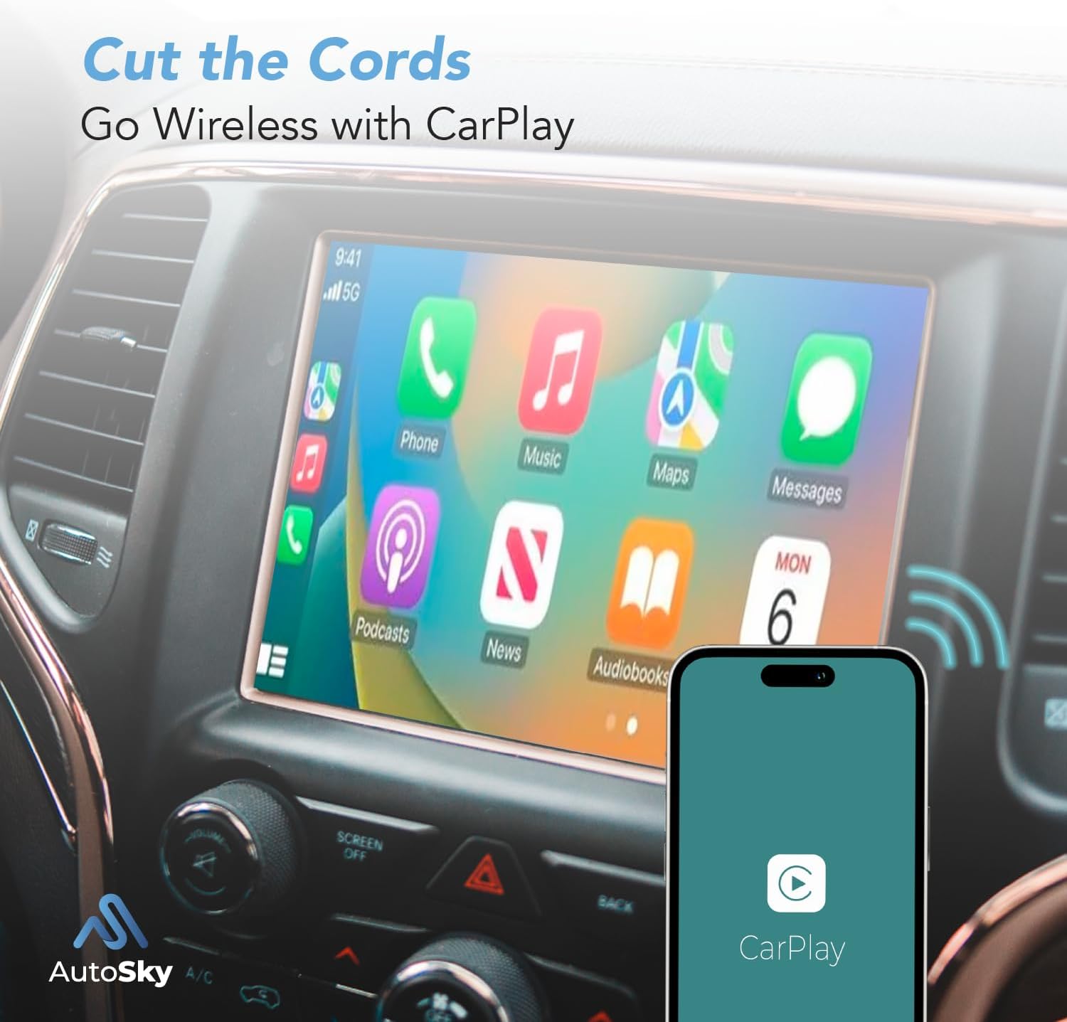 CarPlay interface on a car's screen with a phone showing the CarPlay logo