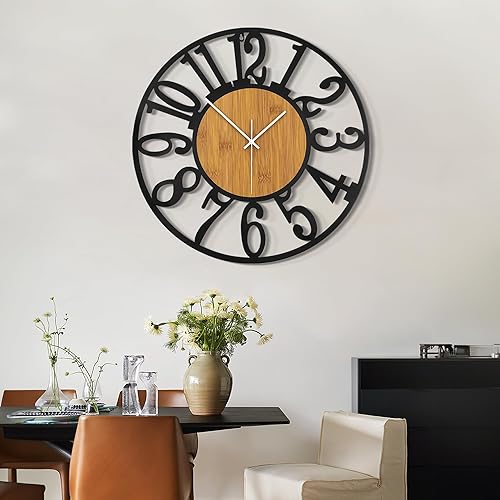 Miniatura 6 de LEIKE Relojes de pared grandes, silenciosos, sin tictac, funciona con pilas, rústico, redondo, moderno, reloj de pared de madera grande para sala de