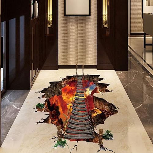 Miniatura 9 de Autoadhesivo 3D arte de pared con puente colgante de volcán, calcomanías de pared con llama y lava, papel tapiz impermeable extraíble para