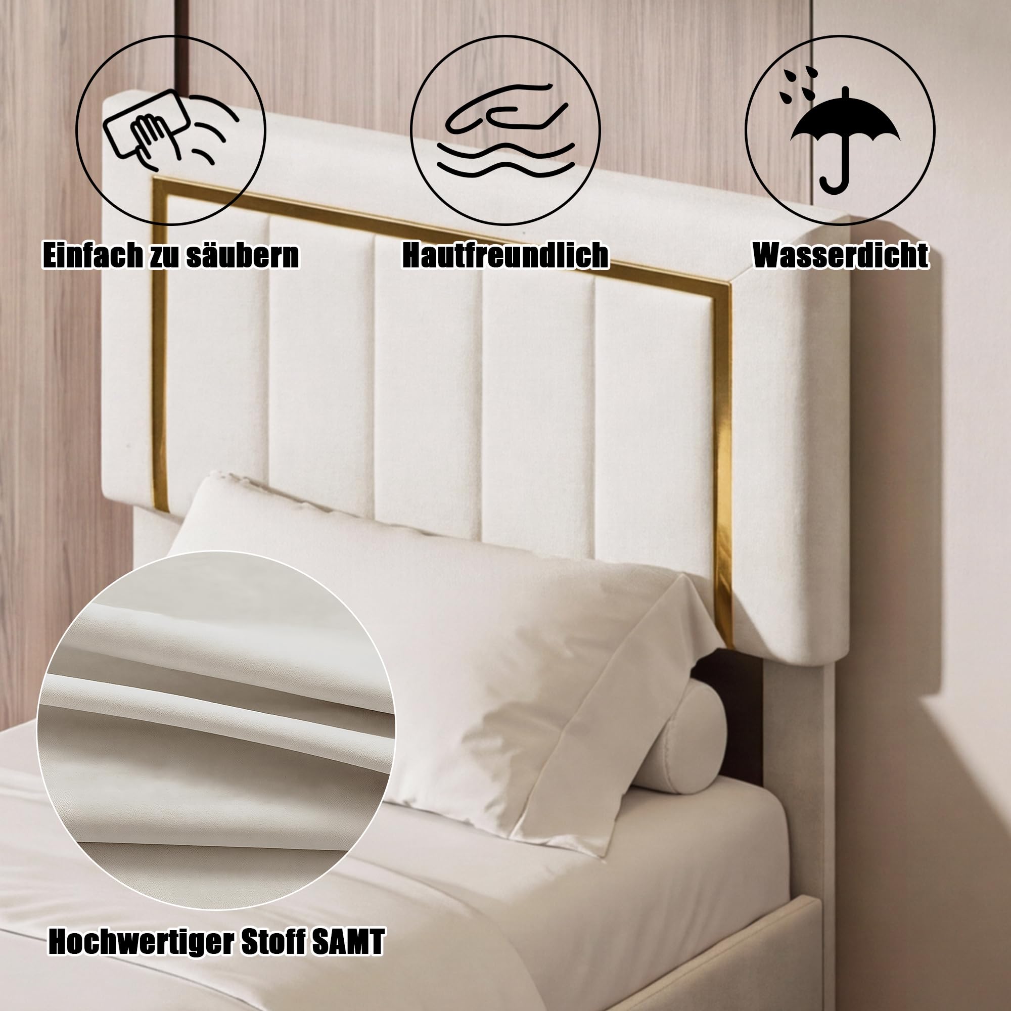 BRILVERDE Einzelbett 90x200 mit Stauraum, Polsterbett mit Kopfteil, Jugendbett, Bettgestell mit Lattenrost, Gästebett, ohne Matratze, Samt (Beige, 90 x 200 cm)