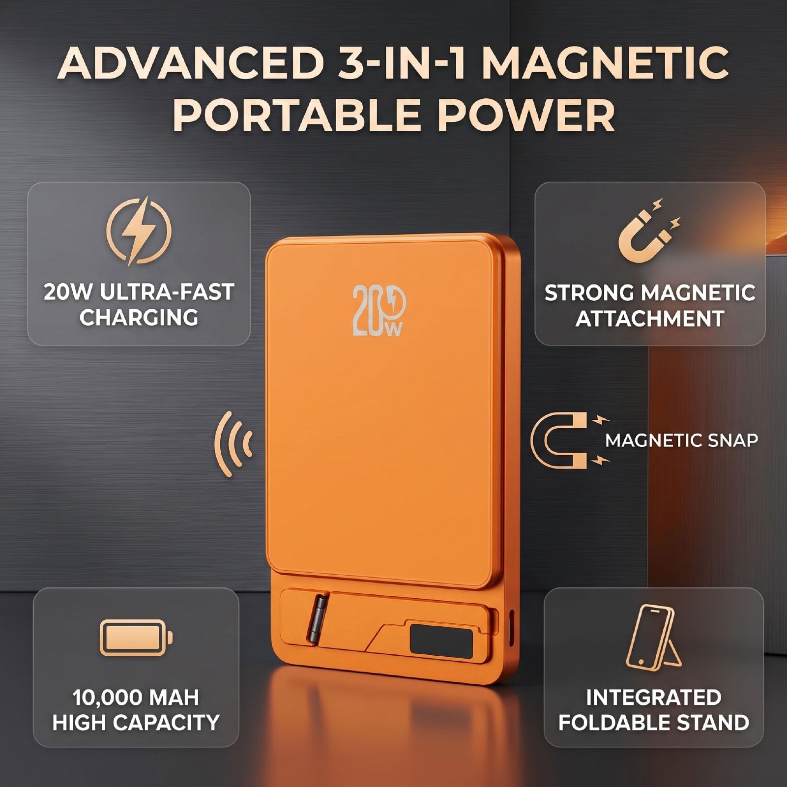 Batterie Externe Magnétique sans Fil 3 en 1, Chargeur Portable 10 000 MAh avec Charge Rapide PD 20 W, Charge sans Fil 15 W, écran LCD et Support intégré, pour Smartphones (Orange)