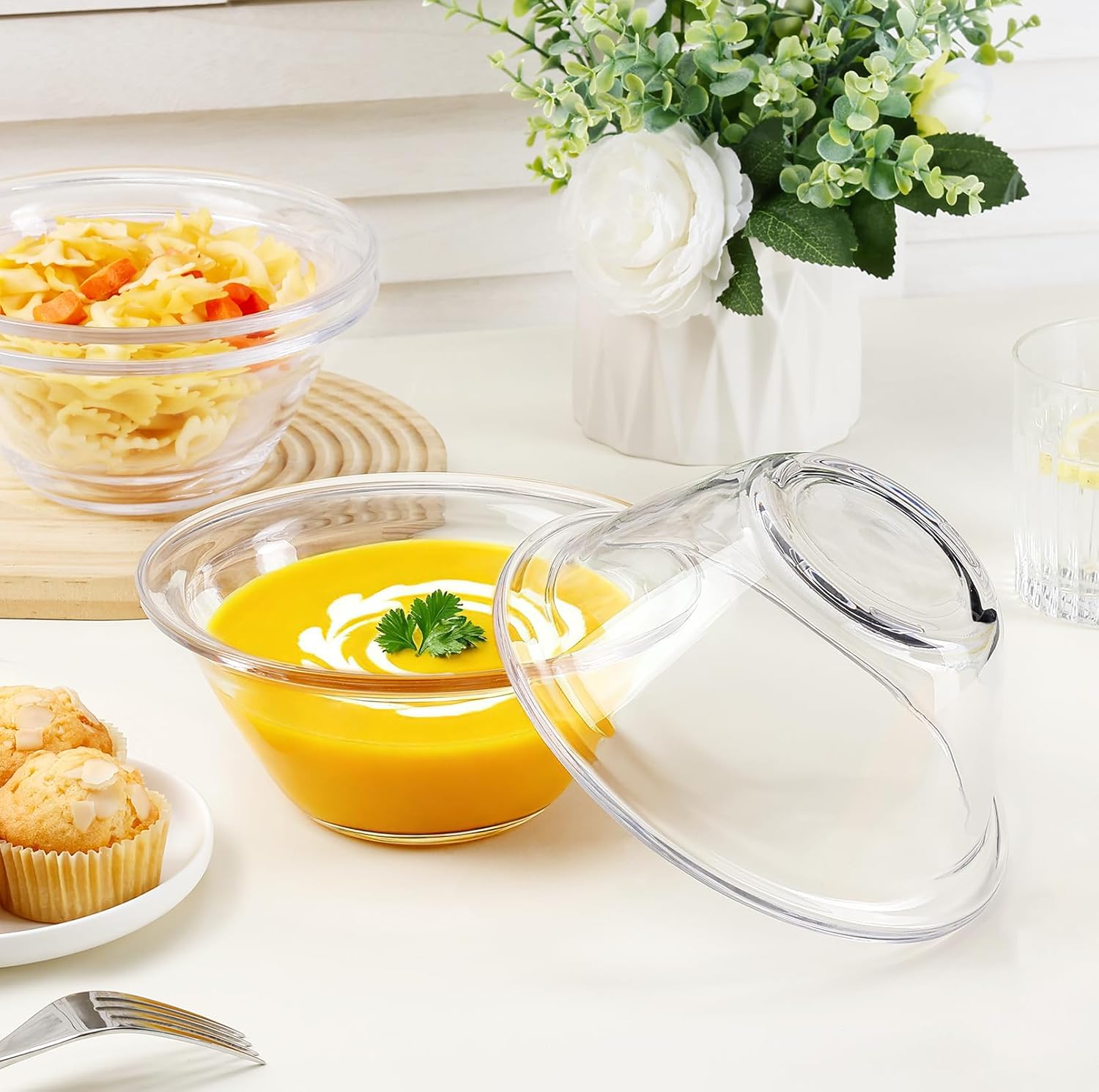 NUTRIUPS 23oz Tempered Glass Cereal Bowls, 5.6 Inch, 4 Pack, Clear Serving Bowl for Dessert, Trapezoid, Easy to Handle, Microwave and Oven Safe