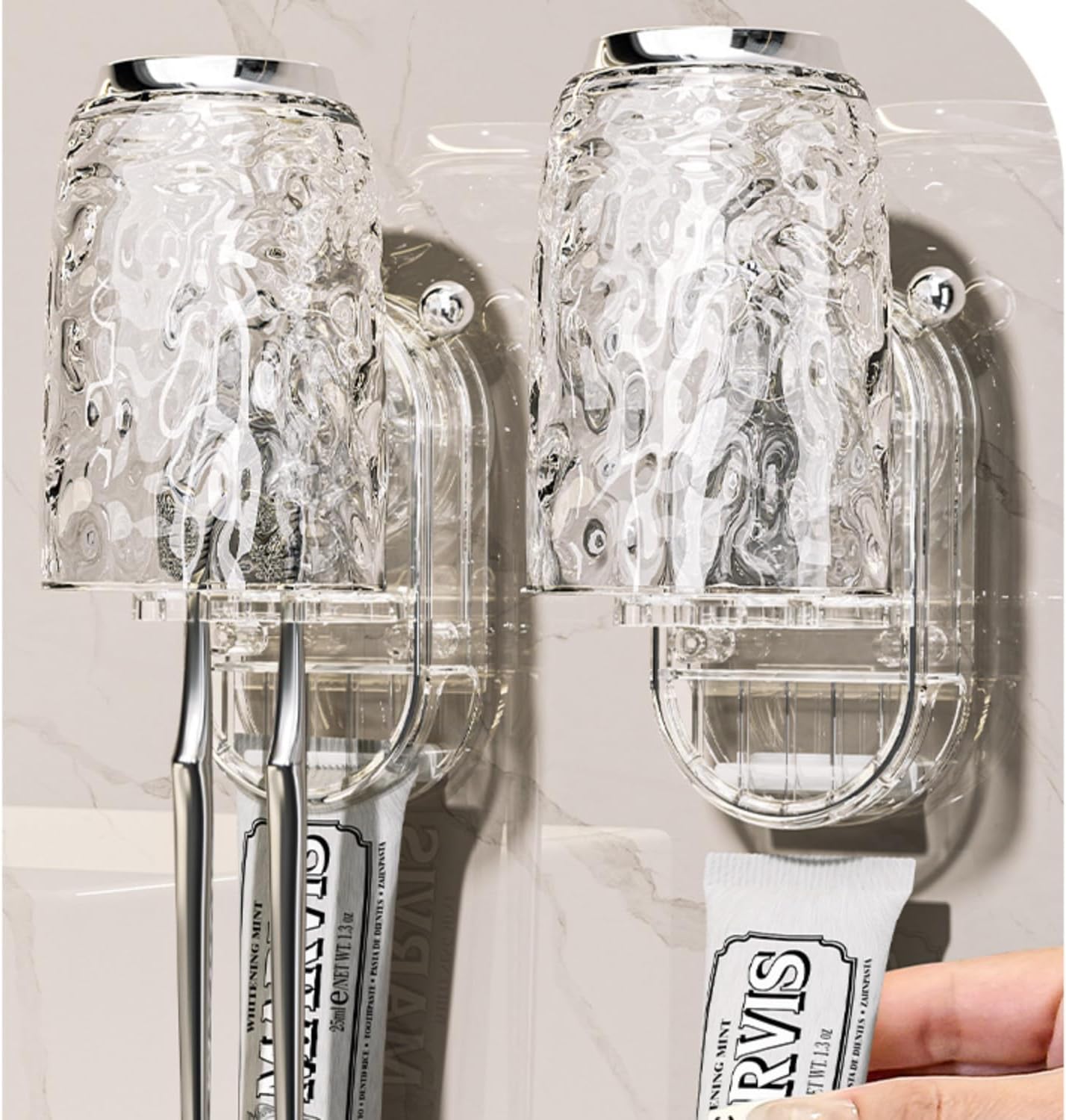 Toothbrush Holder，Bathroom Organizer Toothbrush Holders No-Drill Wall Mounted for Bathrooms with Toothpaste Dispenser Large Capacity Tray Bathroom Organizer Bathroom Accessories Set(Gray 2pcs)