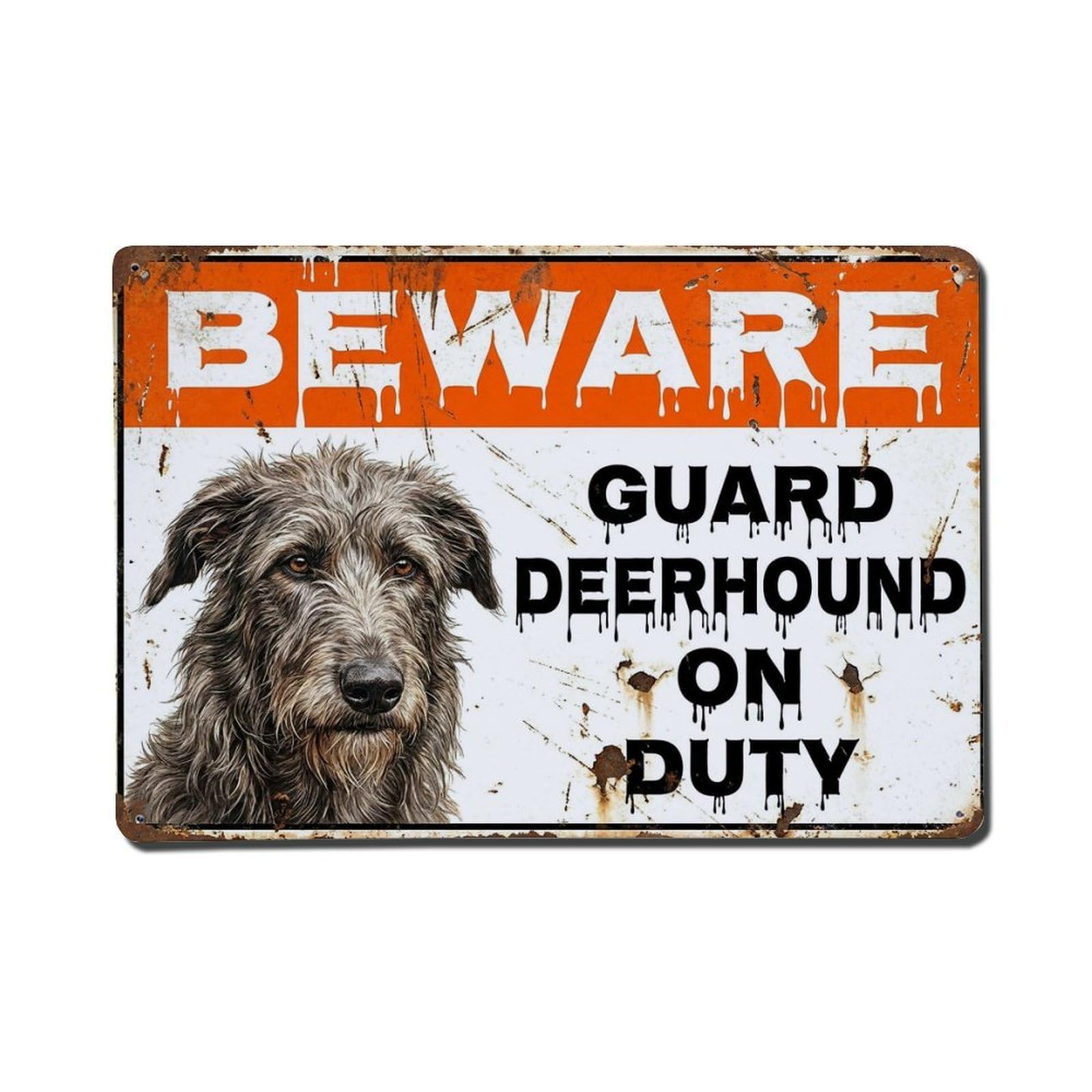 Vintage Funny Scottish Deerhound Guard Beware of Dog Alcove Metal Tin Sign