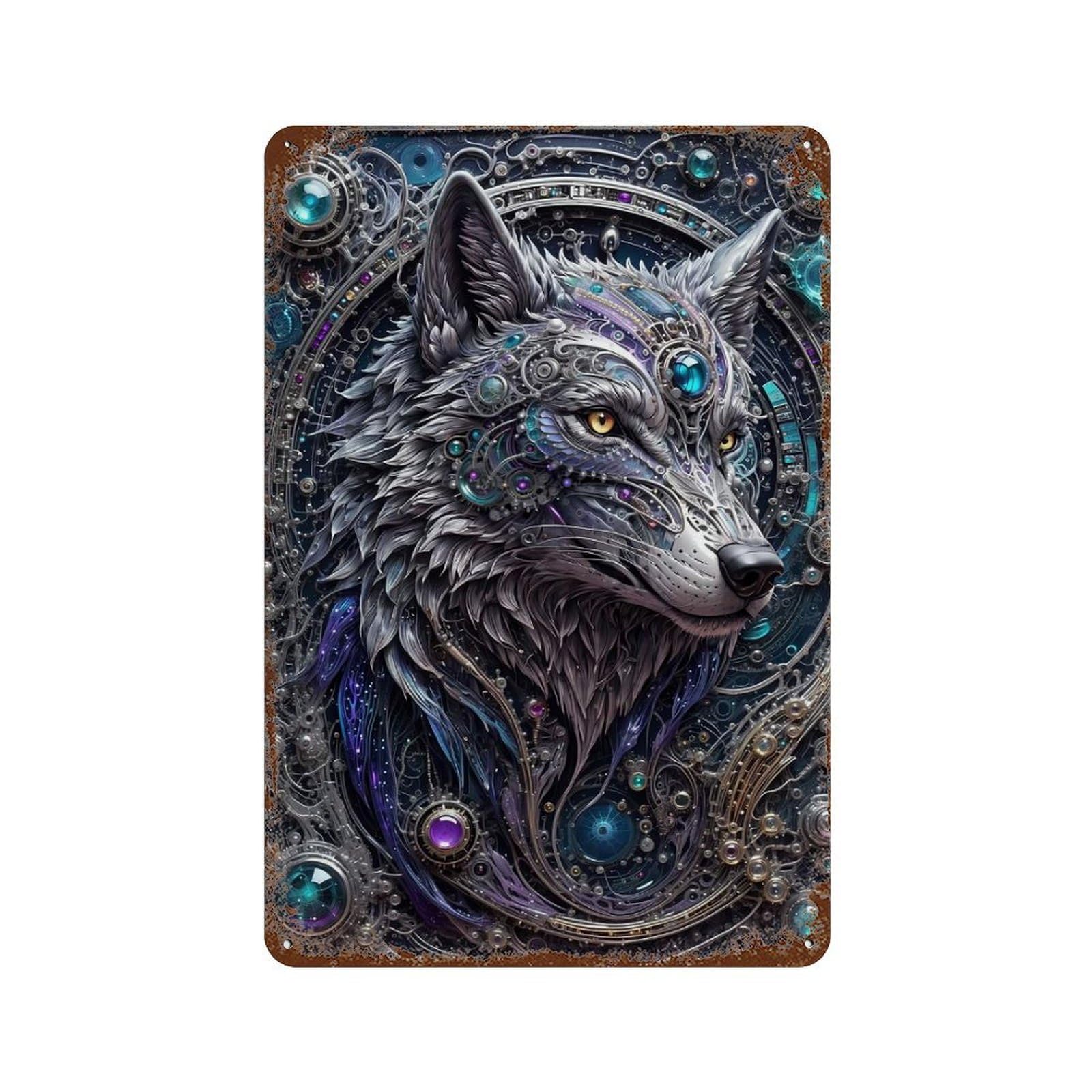 Decorative Tin Sign with Futuristic Steampunk Wolf Design 11.8"x7.9", for Farmhouse, Kitchen And Entryway Decor, Decorative Metal Wall Art