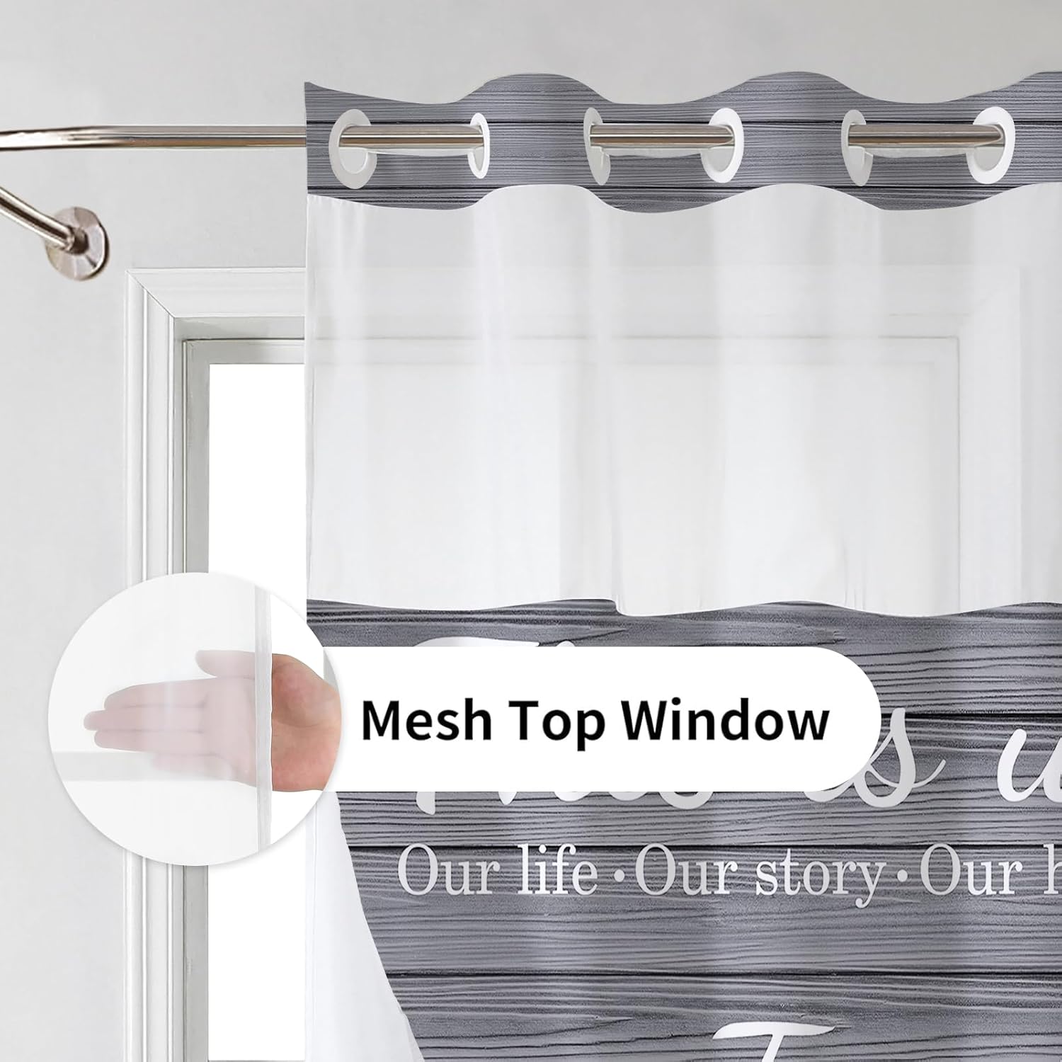 juwute No Hook Grey Family Shower Curtain with Snap-in Polyester Liner Set, Family Shower Curtain for Bathroom, See Through Top Bath Curtain,Waterproof & Machine Washable, 72 x 75 Inch