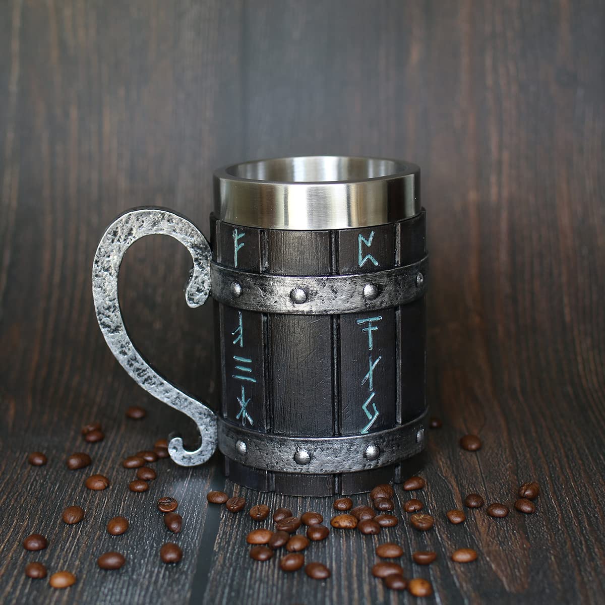 OTARTUDE Tazza da birra in legno di quercia medievale norvegese vichinga, con rivestimento in acciaio inox, tazza da caffè con rune vichinghe nordiche, regalo per la festa del papà, 550 ml