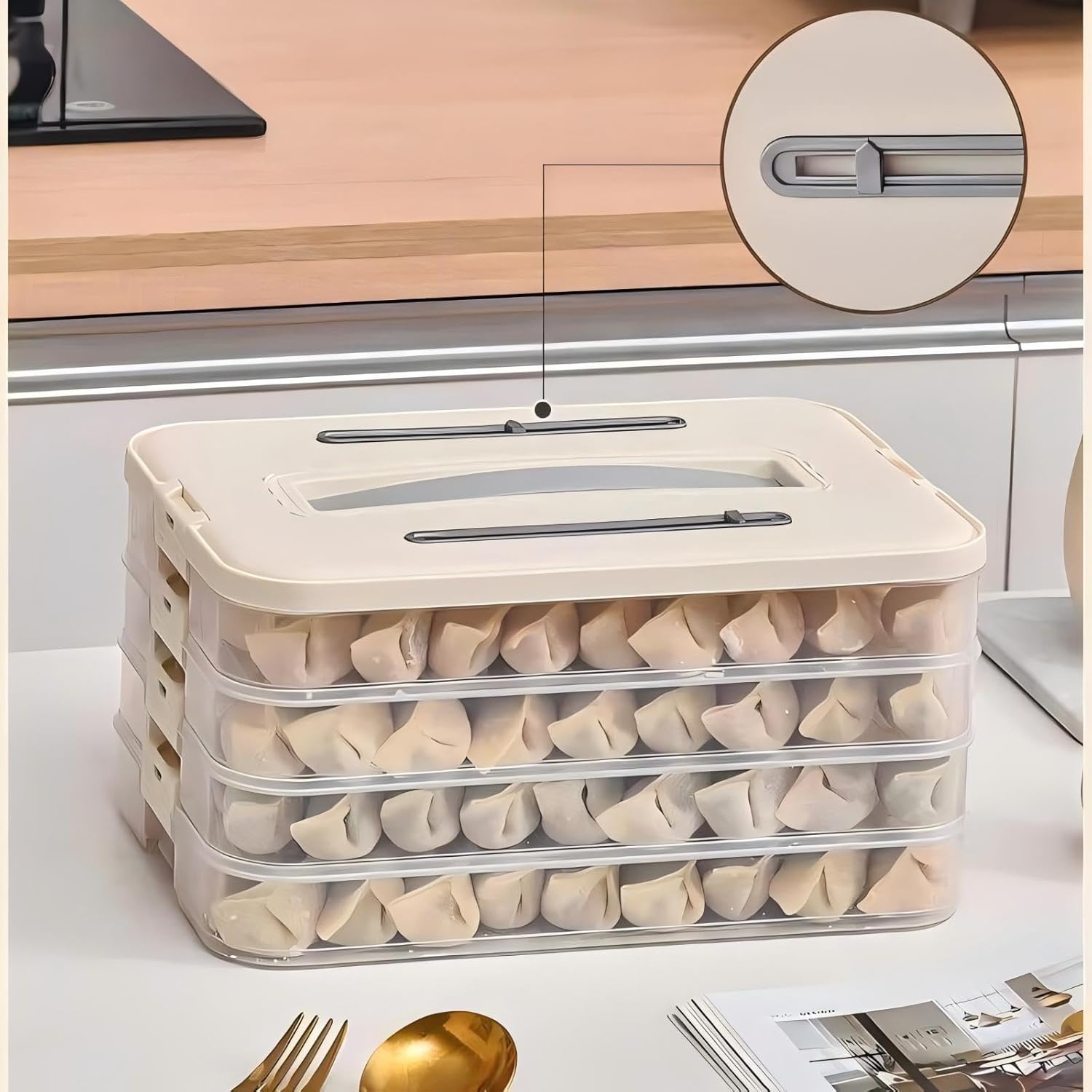 Dumplings Storage Boxes with 4 Layers, Stackable with Lid, Buckle & Handle for Cookies Wonton Donuts, 10.63*7.09*5.12in Box Organizer For Fridge, 1.18in Net Height Per Layer, Small Size, Cream Color