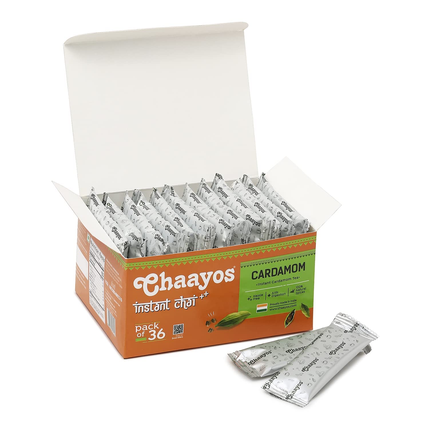 Chaayos Instant Cardamom Chai Tea Latte - Pack of 36|Instant Powdered Mix|Instant Cardamom Premix|Chai Tea Powder|Assam Instant Tea|Instant Chai Milk Tea|Contains Regular Sugar|Ready To Make Chai in 1