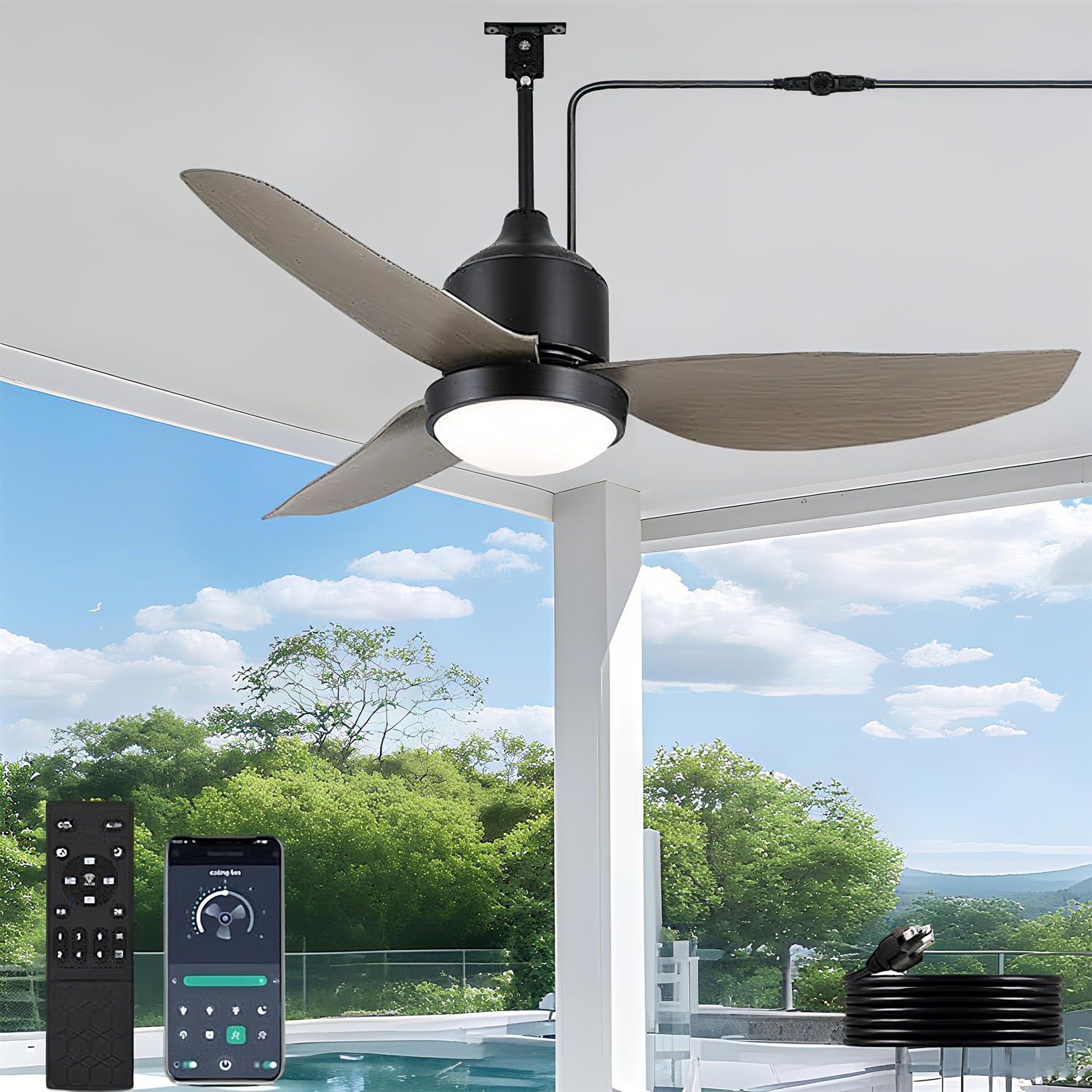 106CM Außen Deckenventilator mit Beleuchtung IP65 Wasserdicht Outdoor Deckenleuchte mit Ventilator LED Dimmbar Ventilatorlicht und Fernbedienung Ventilator Deckenlampe für Garten Balcón Innen Aussen