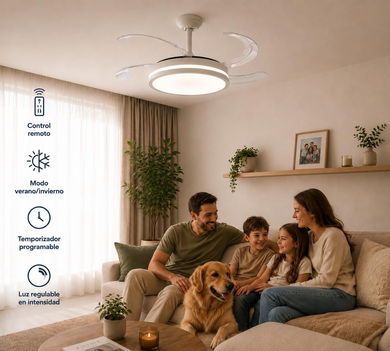 IluminaShop Ventilador de Techo con luz LED White-Faro Motor DC 30W+Luz 40W, Luz CCT Regulable y Control de Intensidad, Función Silenciosa, 6 Velocidades, 4 Aspas Retráctiles