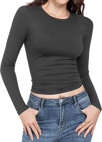 Long Sleeve Shirts for women-Underscrub Crew Neck Slim Fit Basic Tops for Teens Workout Going Out Y2K Fall Fashion 2025