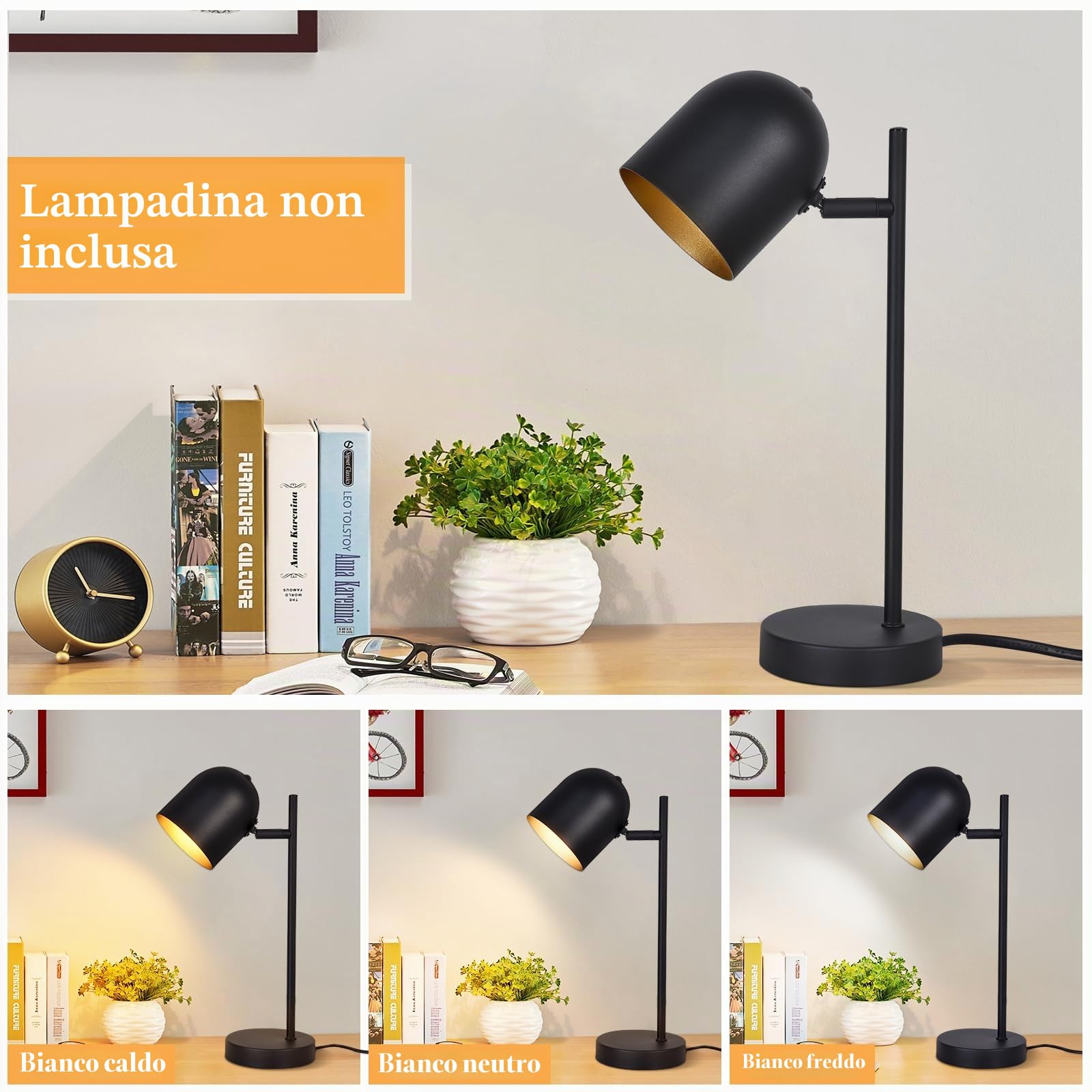 Lampada da tavolo lampada da comodino vintage retrò: lampada da tavolo da soggiorno industriale in metallo nero oro E14 lampada da comodino rustica con cavo lampada da letto - senza lampadina