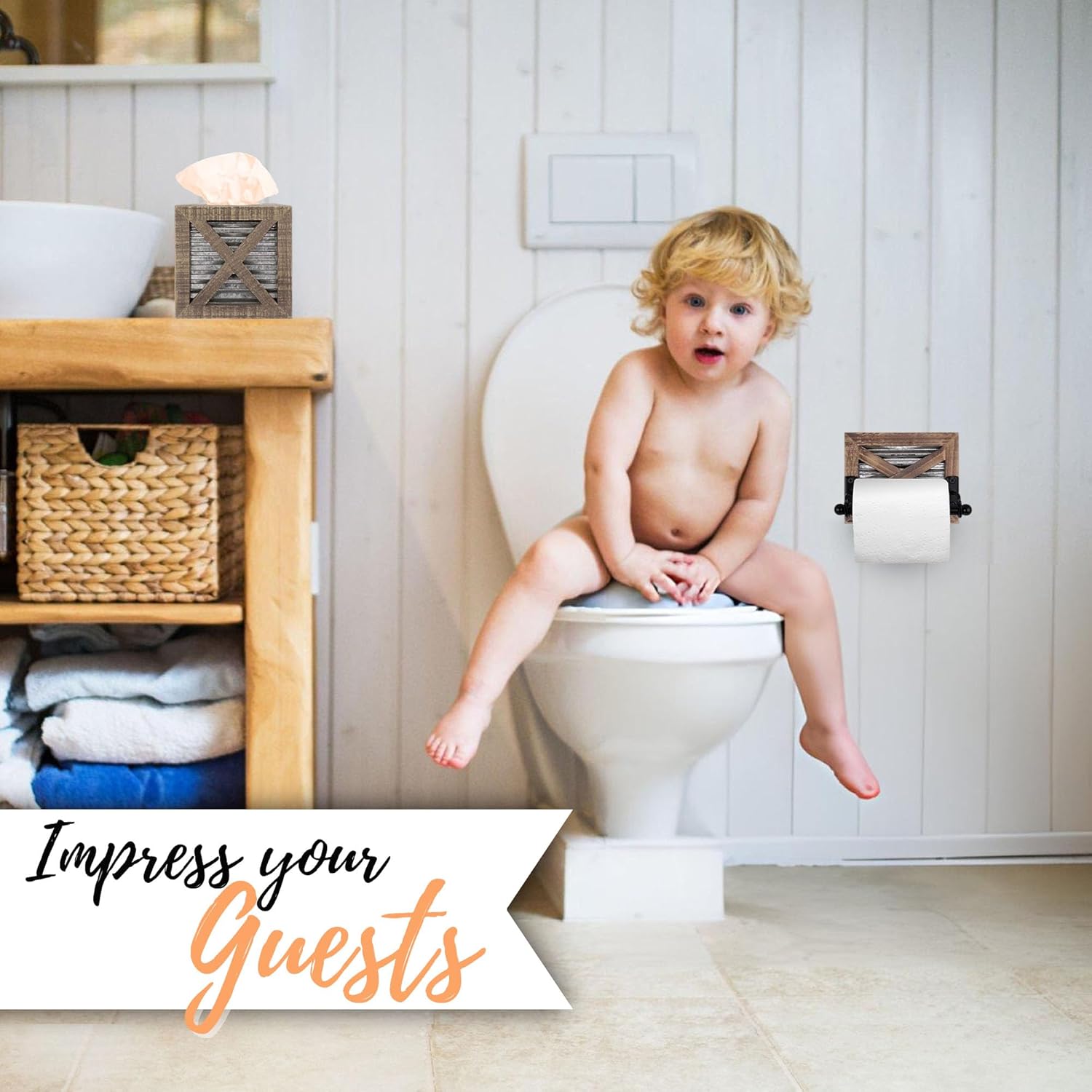 Autumn Alley Rustic Farmhouse Bathroom Decor Set - Includes Farmhouse Toilet Paper Holder and Square Tissue Box Cover with Warm Brown Wood, Galvanized Metal & Matte Black Hardware for Western Charm