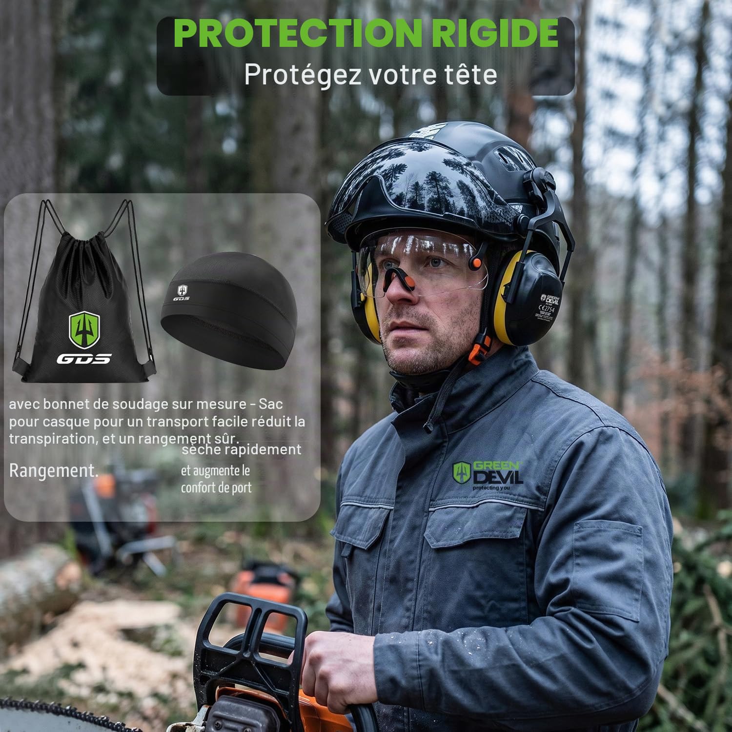 GREEN DEVIL Mervex Casque de protection forestier avec lunettes de protection à double verre EN166 et silencieux EN352 SNR32dB, certifié EN397, matériau ABS unisexe pour le jardinage, les chutes de
