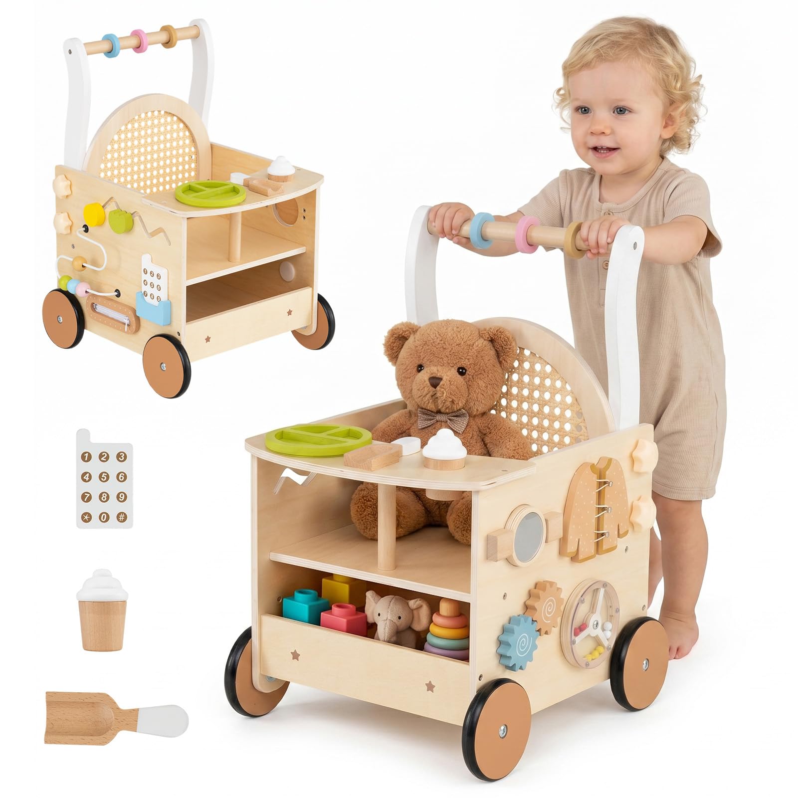 COSTWAY Montessori Baby wózek do nauki chodzenia z drewna, wielofunkcyjny | Baby Walker z wielofunkcyjnym centrum aktywności, zabawka do biegania z kółkami i schowkiem, dla chłopców i dziewczynek od 1