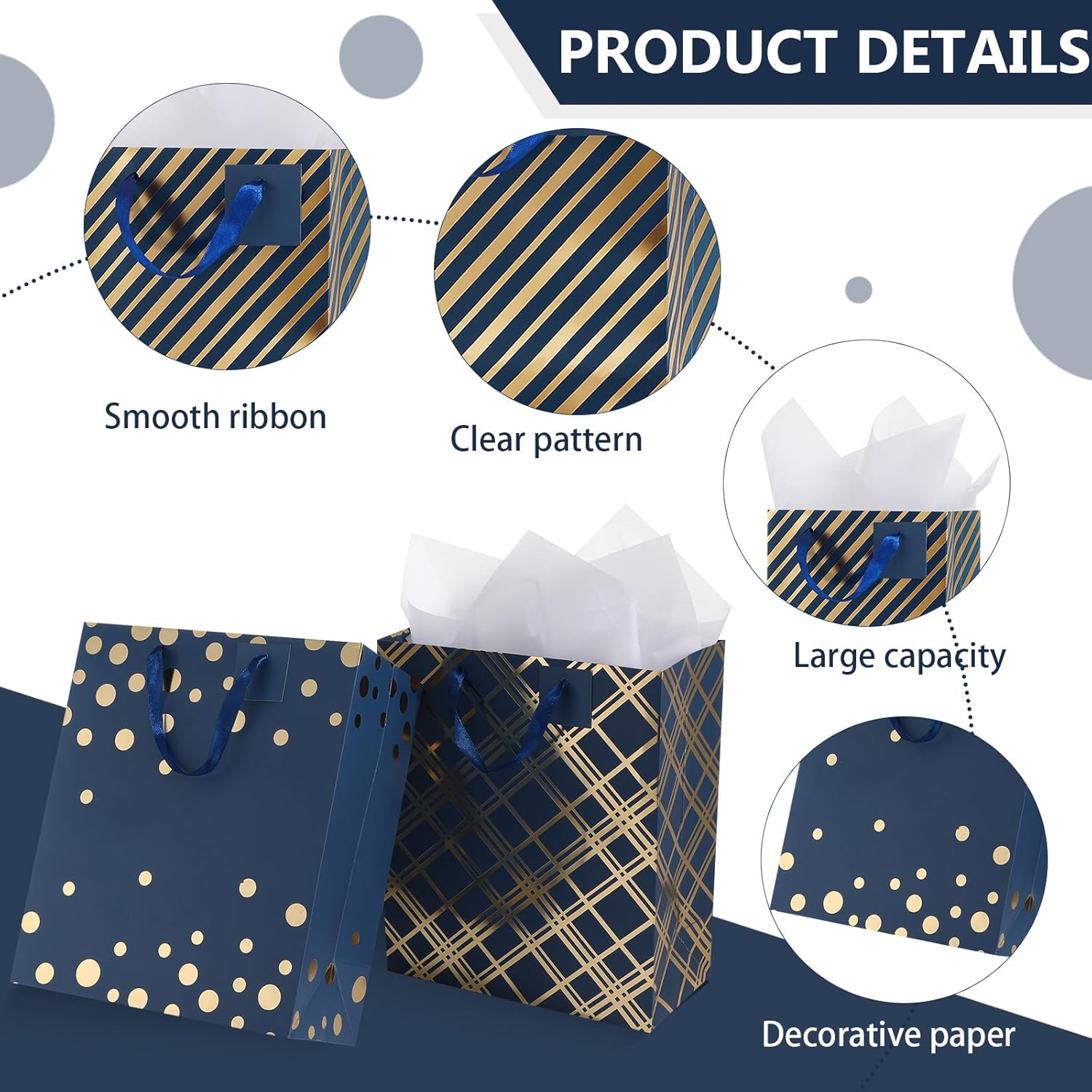 Tenare 12 Pcs Mulit Assorted Sizes Gift Bags Metallic Paper Bag Bulk Small Medium with Handle Tissue Paper for Gift Wrapping Happy Easter Spring Birthday Party Graduation Wedding(Blue,Gold)