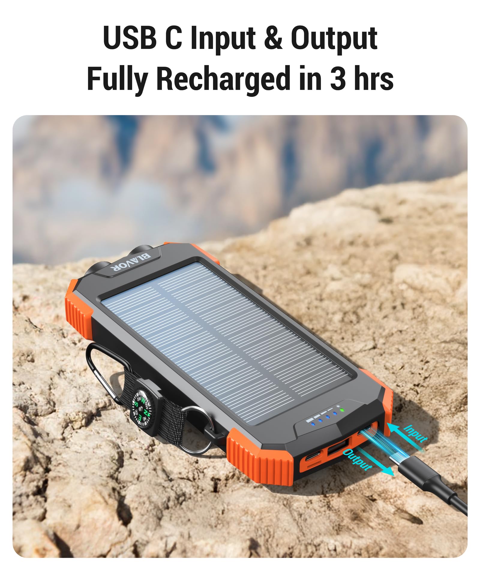 BLAVOR power bank solare 10000 mAh caricatore rapido caricabatterie wireless per esterni portatile Power Bank batteria esterna con pannello solare Micro USB C ingresso per cellulare tablet torcia