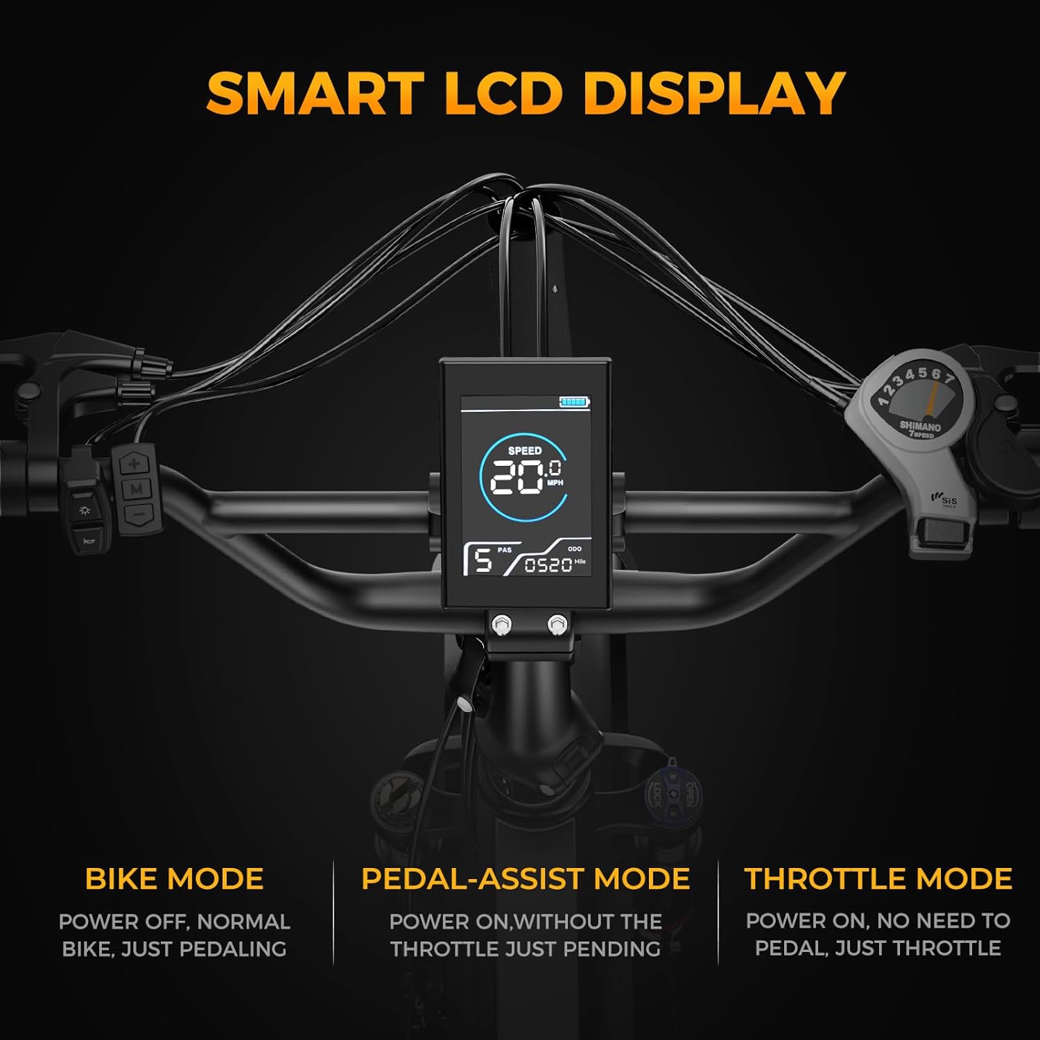 Close-up of the smart LCD display on the Jasion X-Hunter electric bike's handlebars, showing speed, battery, and riding modes.