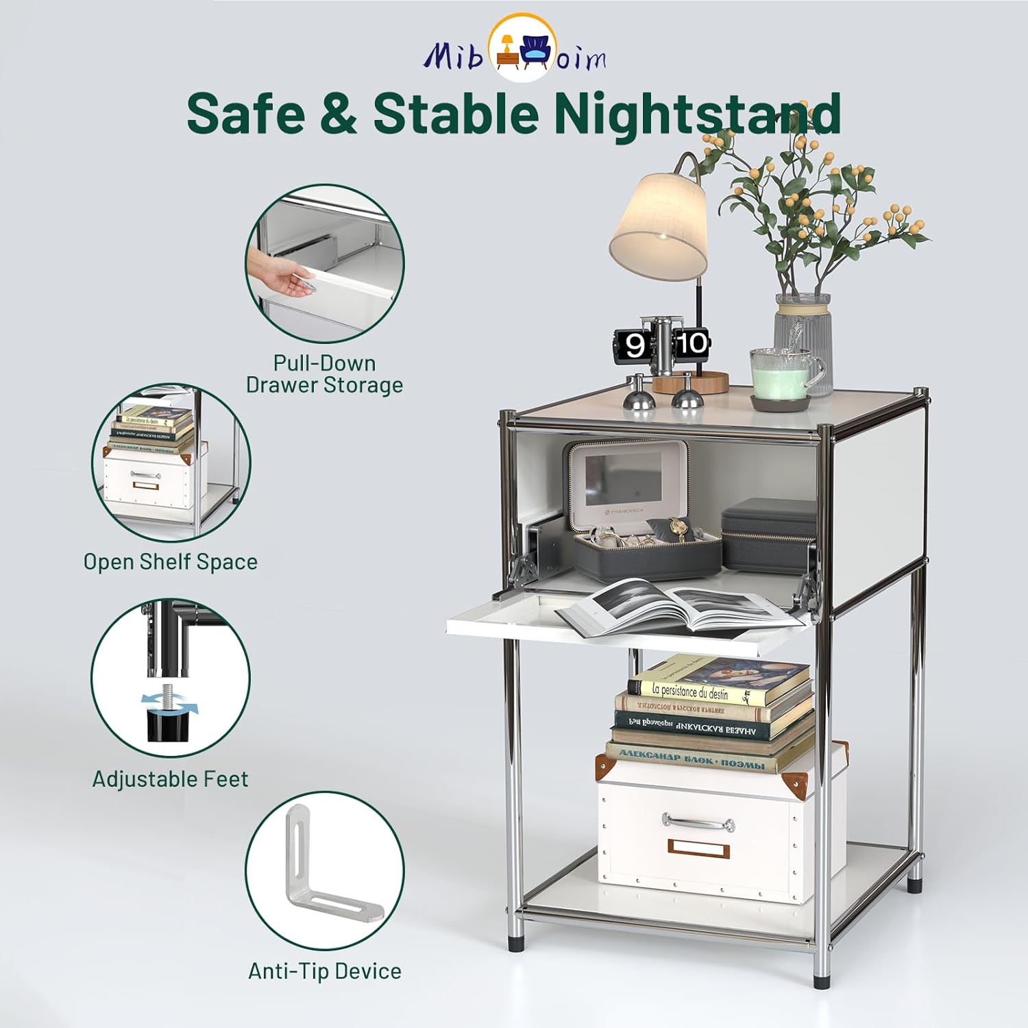 White Night Stand with Drawers:Modern Nightstand with Storage,Metal Heavy Duty Industrial Bed Side End Tables Living Room Sofa Couch Home Office Furniture,Kids Bedside Table Bedroom Small Space