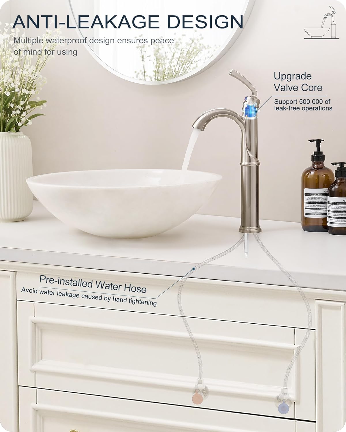 Brass Vessel Faucet Brushed Nickel, 1 Hole Tall Faucet for Bathroom Sink with Single Handle, Pop Up Drain & cUPC Water Hoses, Classic Aerator Style for Vessel Sink, 5 Mins Quick Installation