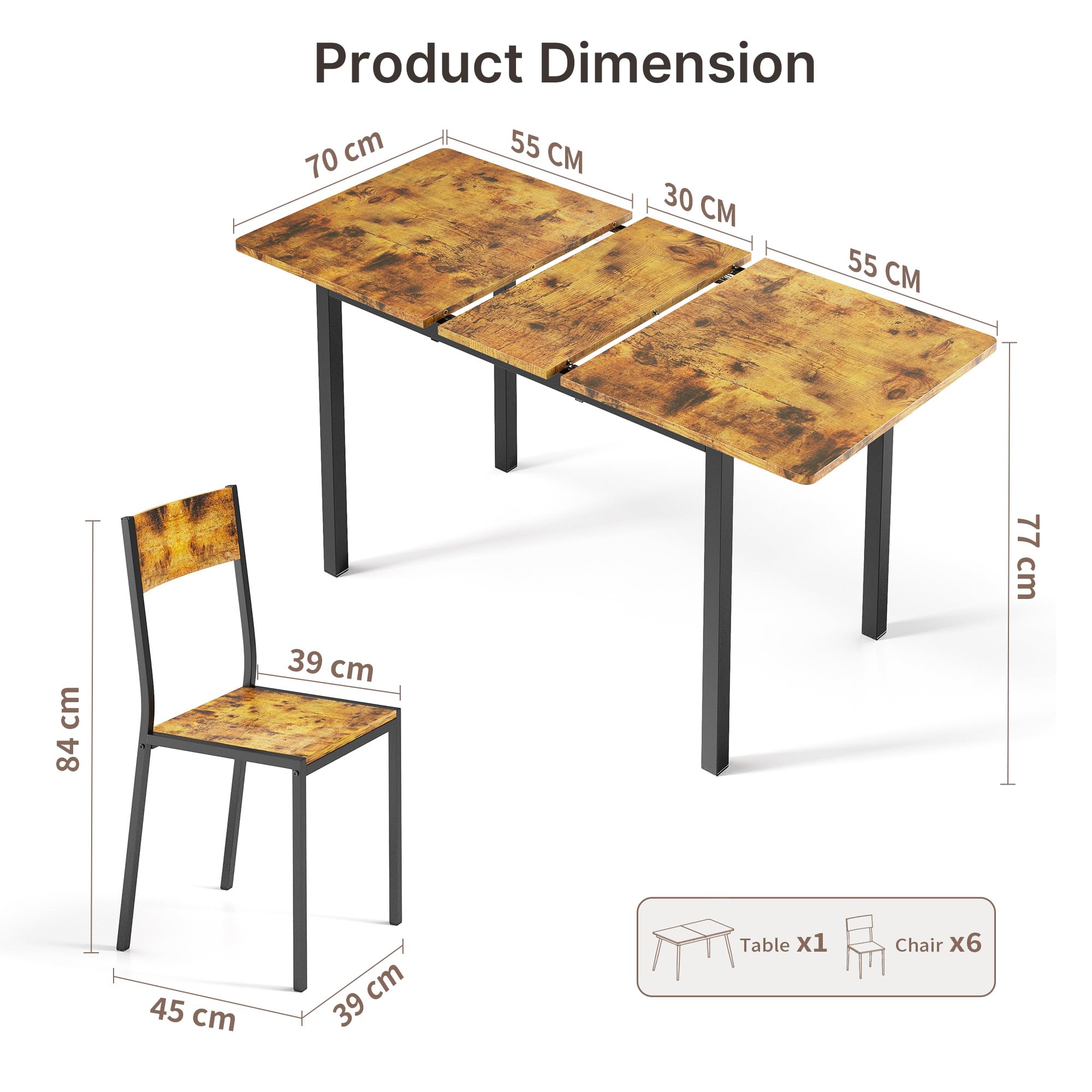 Xbro Ensemble Table à Manger 6 Personnes Extensible avec 6 Chaises, Gain de Place, Structure Métal Stable, Montage Facile, Cuisine Salle à Manger 110–140 cm
