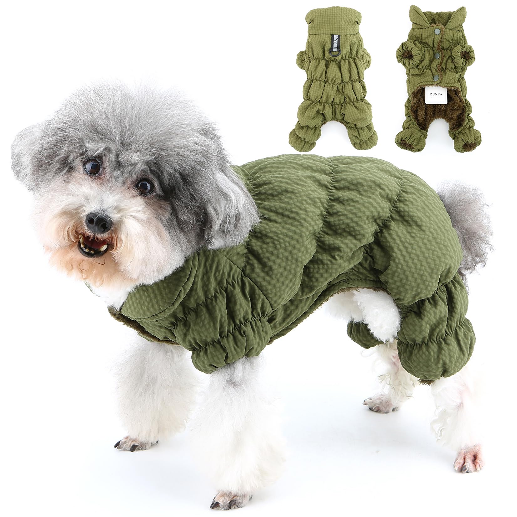 Zunea Waterproof Dog Winter Coats Fullbody Puppy Snowsuit Fleece Lined Down Jacket Coat with Leash Ring Reflective Cold Weather Snow Jumpsuit Pet Apparel Outfits for Extra Small/Small Dogs Green S