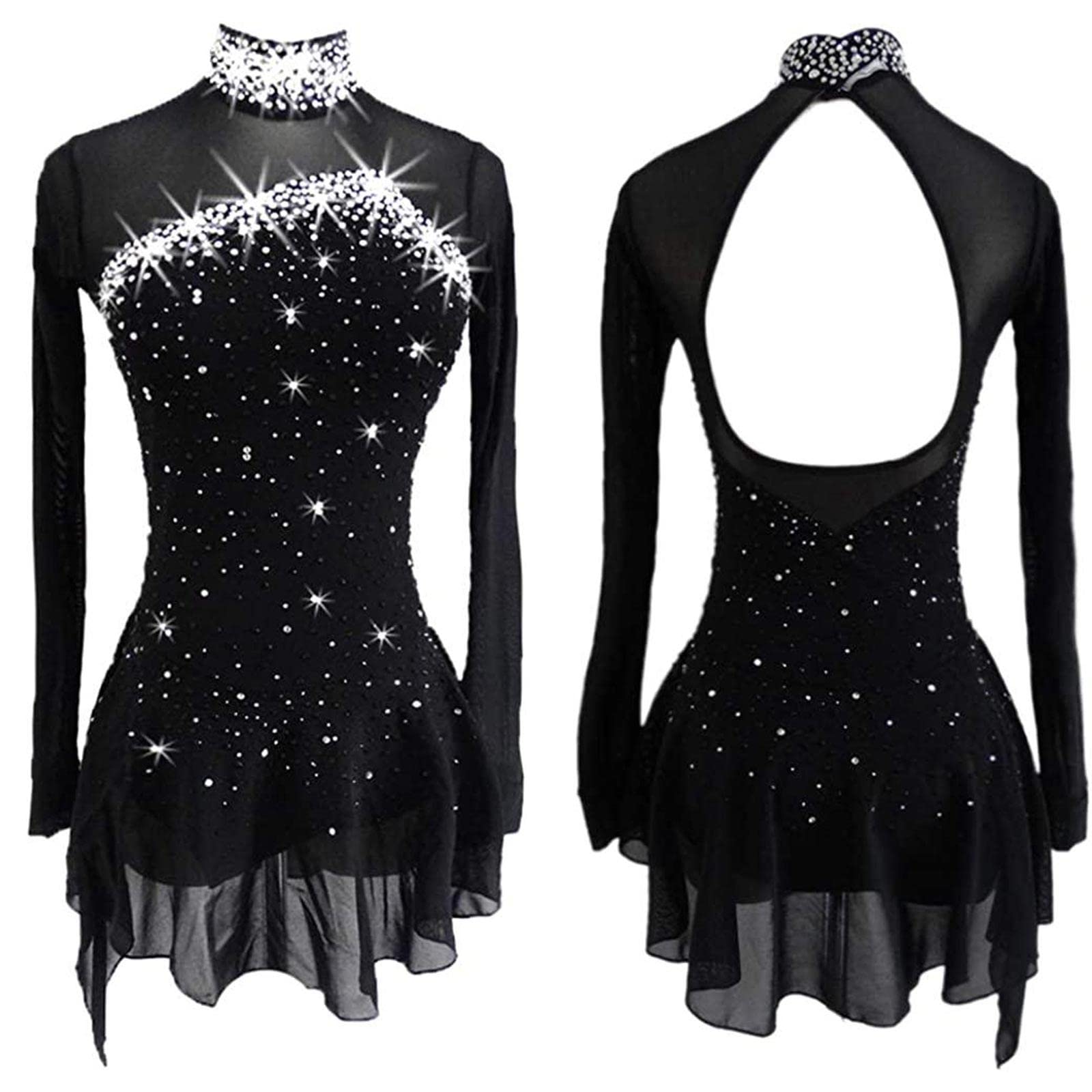 ZEDDG Vestito Pattinaggio Artistico Bambina con Strass Abito da Ballo Latino Danza Balletto Body da Ginnastica per Donna,Black 1-M