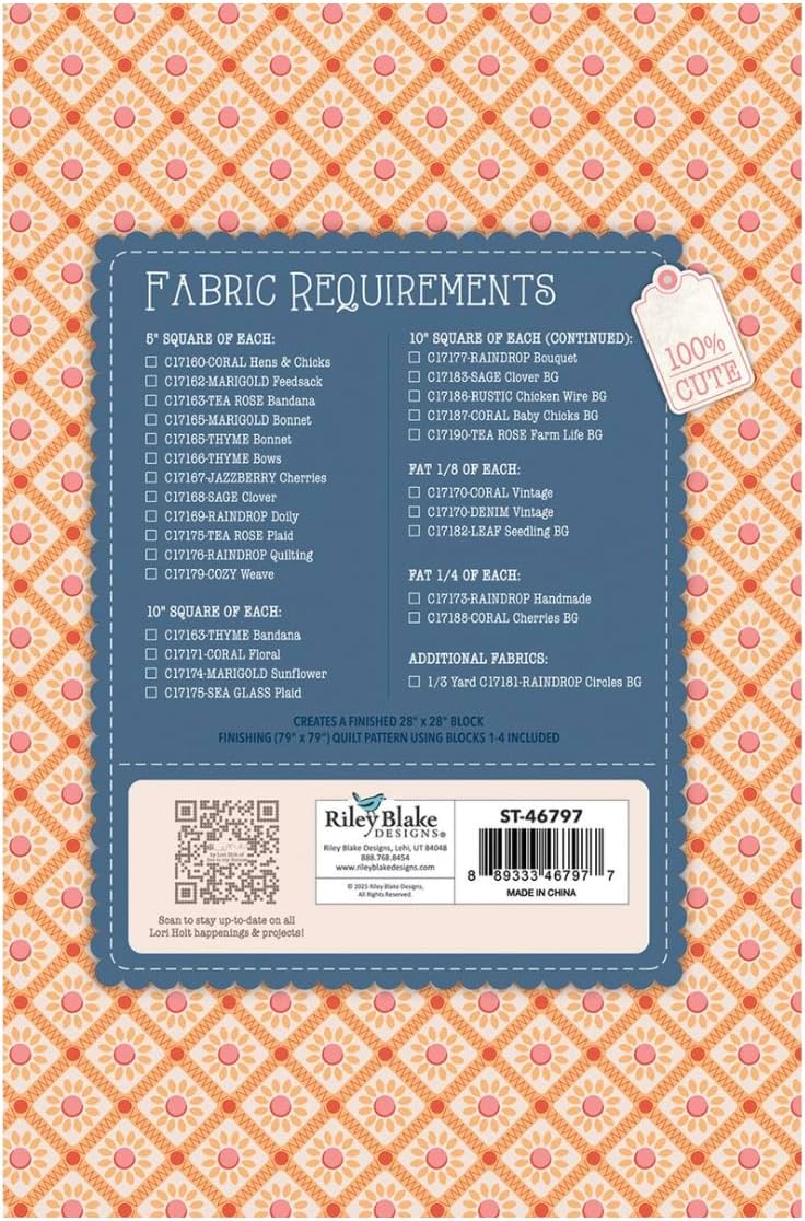 Riley Blake Farmer’s Daughter Quilt Seeds Patterns by Lori Holt of Bee in My Bonnet | Set of 4 Barn Quilt Blocks (Autumn, Summer, Spring, Winter)