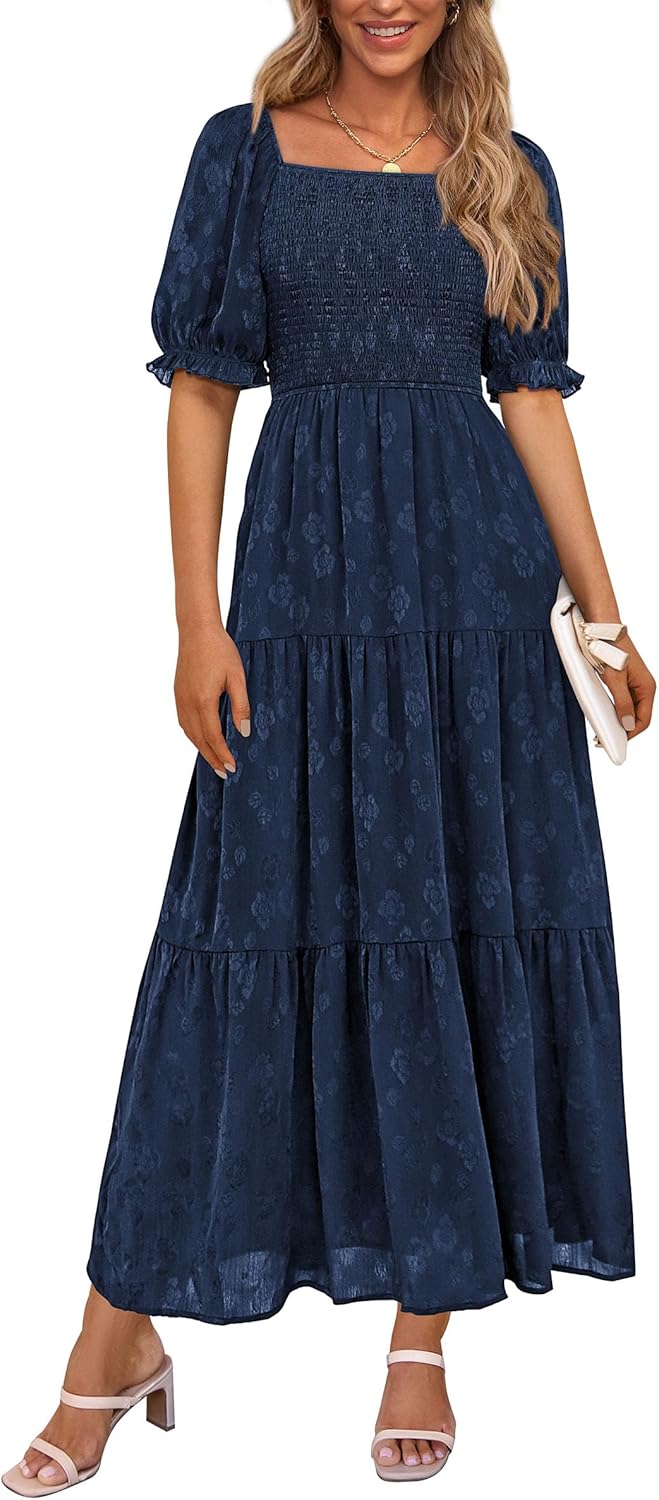 PRETTYGARDEN Women’s 2025 Summer Casual Midi Dresses Square Neck Short Sleeve Smocked A Line Floral Flowy Elegant Boho Dress