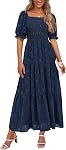 PRETTYGARDEN 2026 Été Casual Robes Midi Col carré Manche courte Smoquée Une ligne Florale Flowy Elegant Robe Boho pour femme