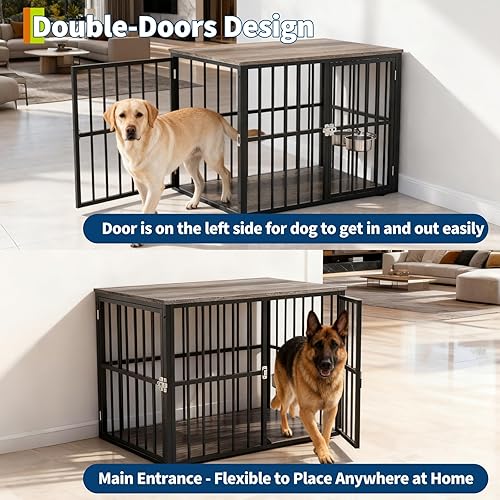 Miniatura 6 de Mueble resistente de 43 pulgadas para perros con 2 puertas y cuencos ajustables para perros medianos y grandes, jaula de madera para perros, jaula