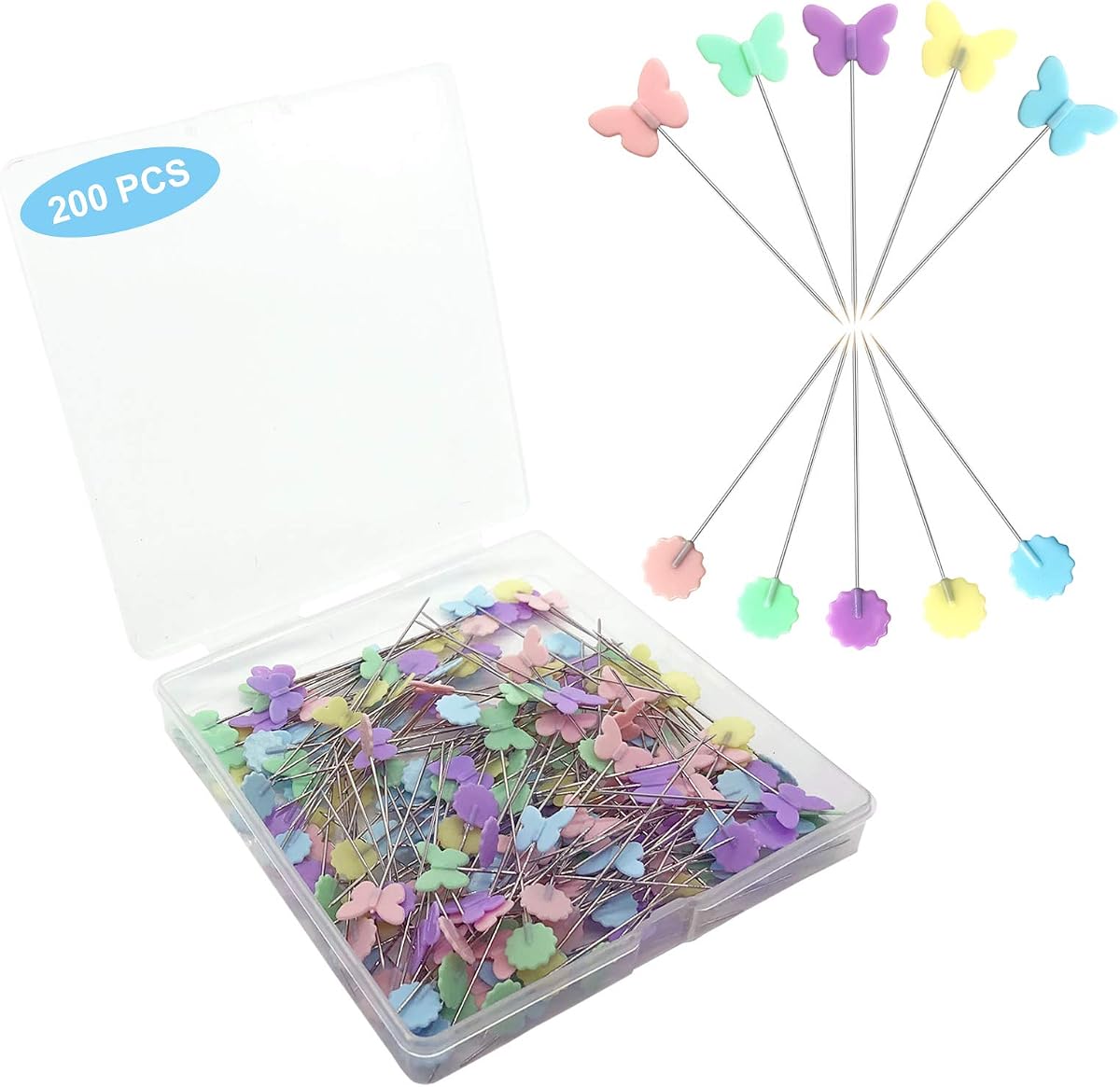 Hovesty 200pcs Sewing Pins Flat Head Straight Pins with Butterfly and Flower Colored Heads, Long 2.16inch Quilting Pins for Dressmaker, Craft, Sewing Project and DIY Decoration (Butterfly and Flower)