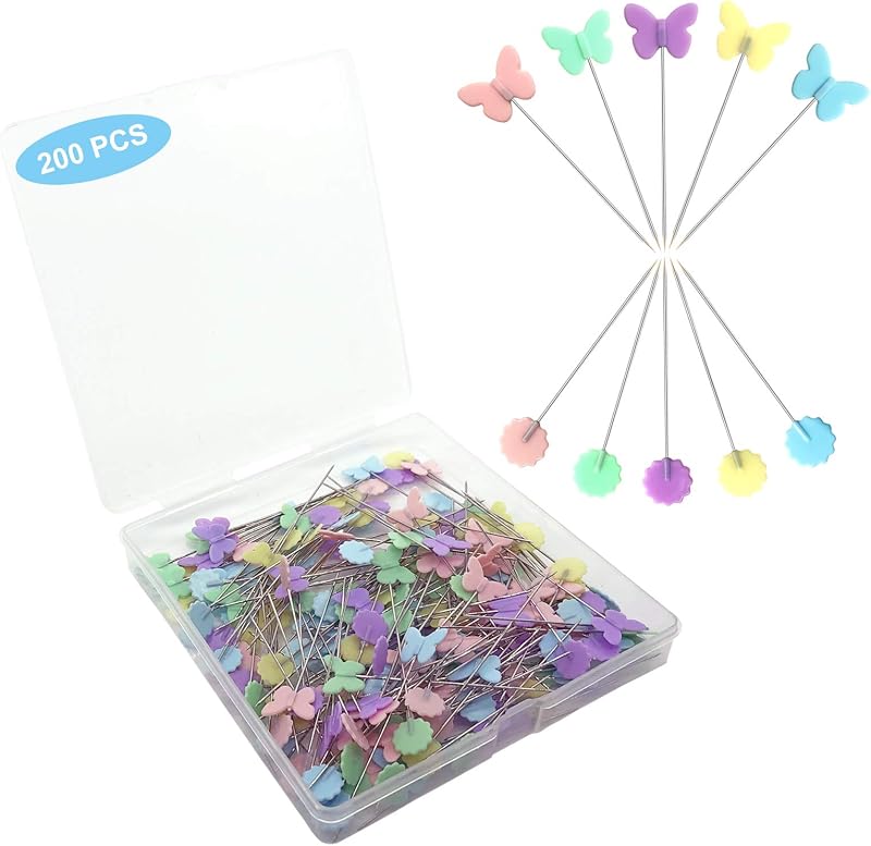 Hovesty 200pcs Sewing Pins Flat Head Straight Pins with Butterfly and Flower Colored Heads, Long 2.16inch Quilting Pins for Dressmaker, Craft, Sewing Project and DIY Decoration (Butterfly and Flower)