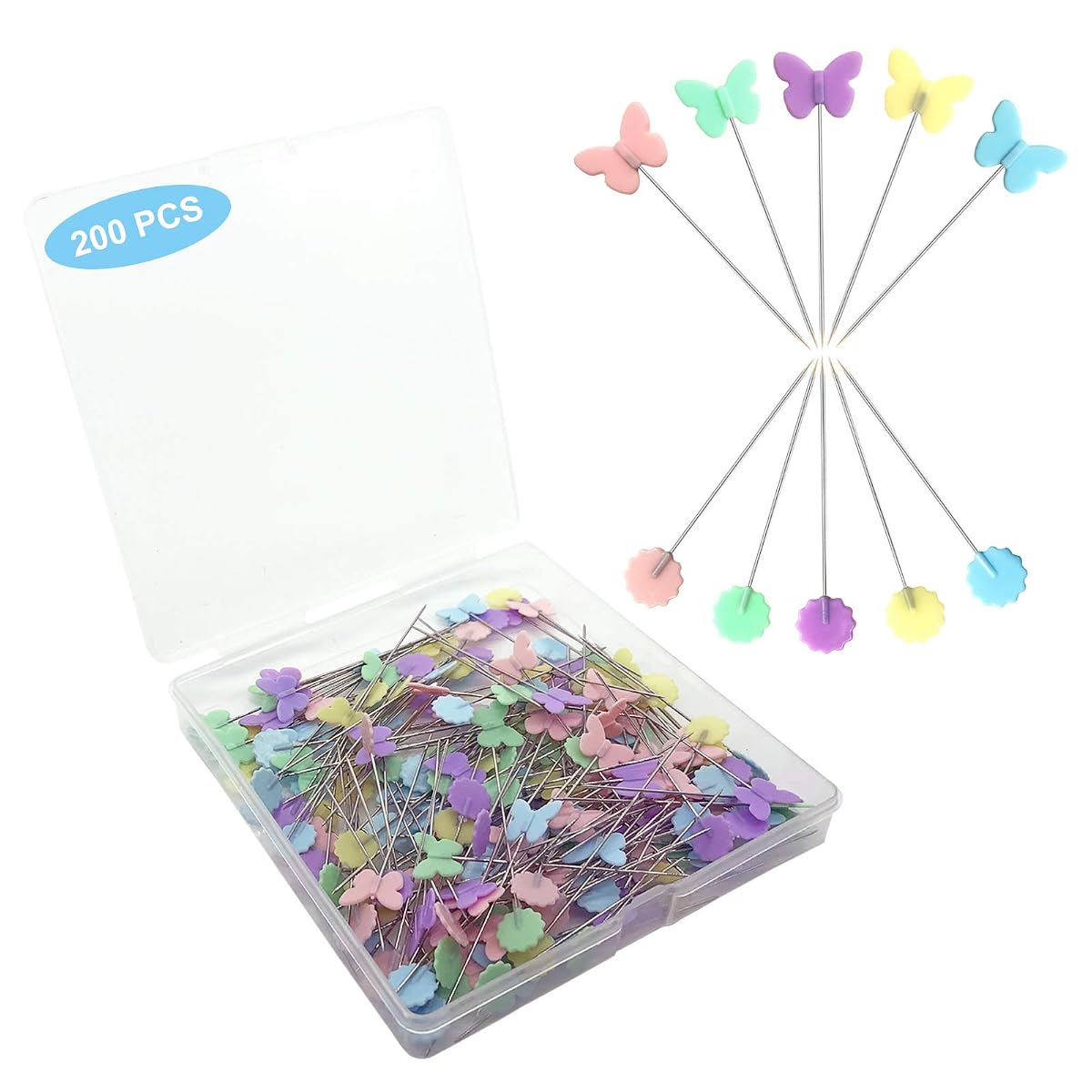Hovesty 200pcs Sewing Pins Flat Head Straight Pins with Butterfly and Flower