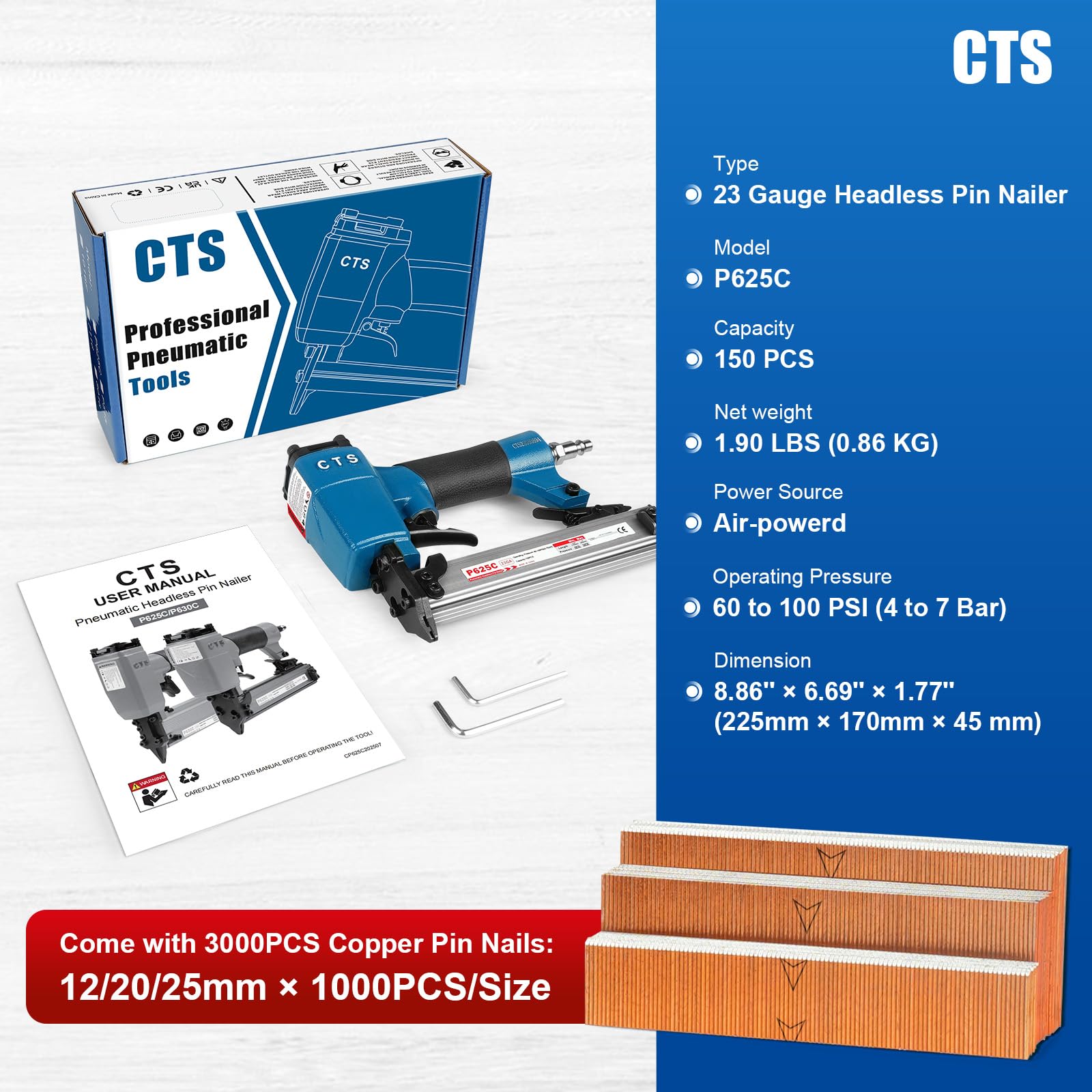 P625C Chiodatrice pneumatica con perni da 23 gauge e 3000 perni inclusi, chiodatrice pneumatica senza testa con blocco di sicurezza, adatta per perni da 1/2'' a 1'' (12 a 25mm), micro