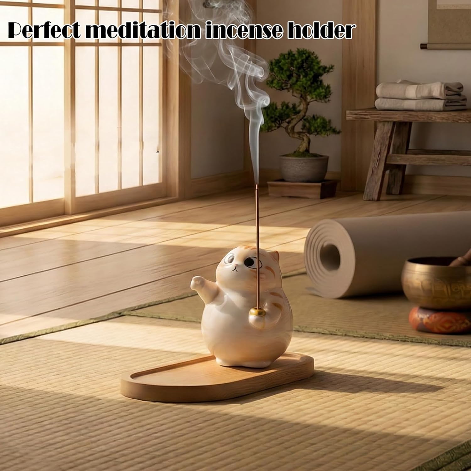 Cat Incense Holder - Cute Ceramic Incense Burner with Bamboo Ash Catcher Tray, Orange Tabby Cat Meditation Decor for Home Office, Zen Desk Accessories (3.4" L x 2.8" W x 3.5" H)