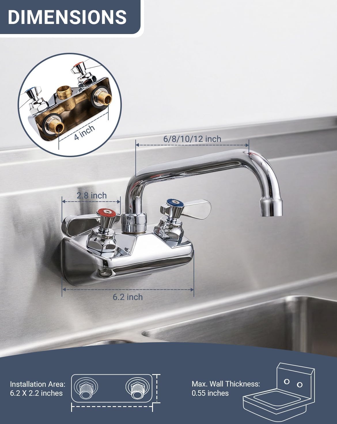 Commercial Sink Faucet - Leak Free Brass 4 Inch Wall Mount 2 Hole, 12" Swivel Spout 3 Compartment Sink Faucet for Restaurant/Industrial/Kitchen/Laundry/Bar