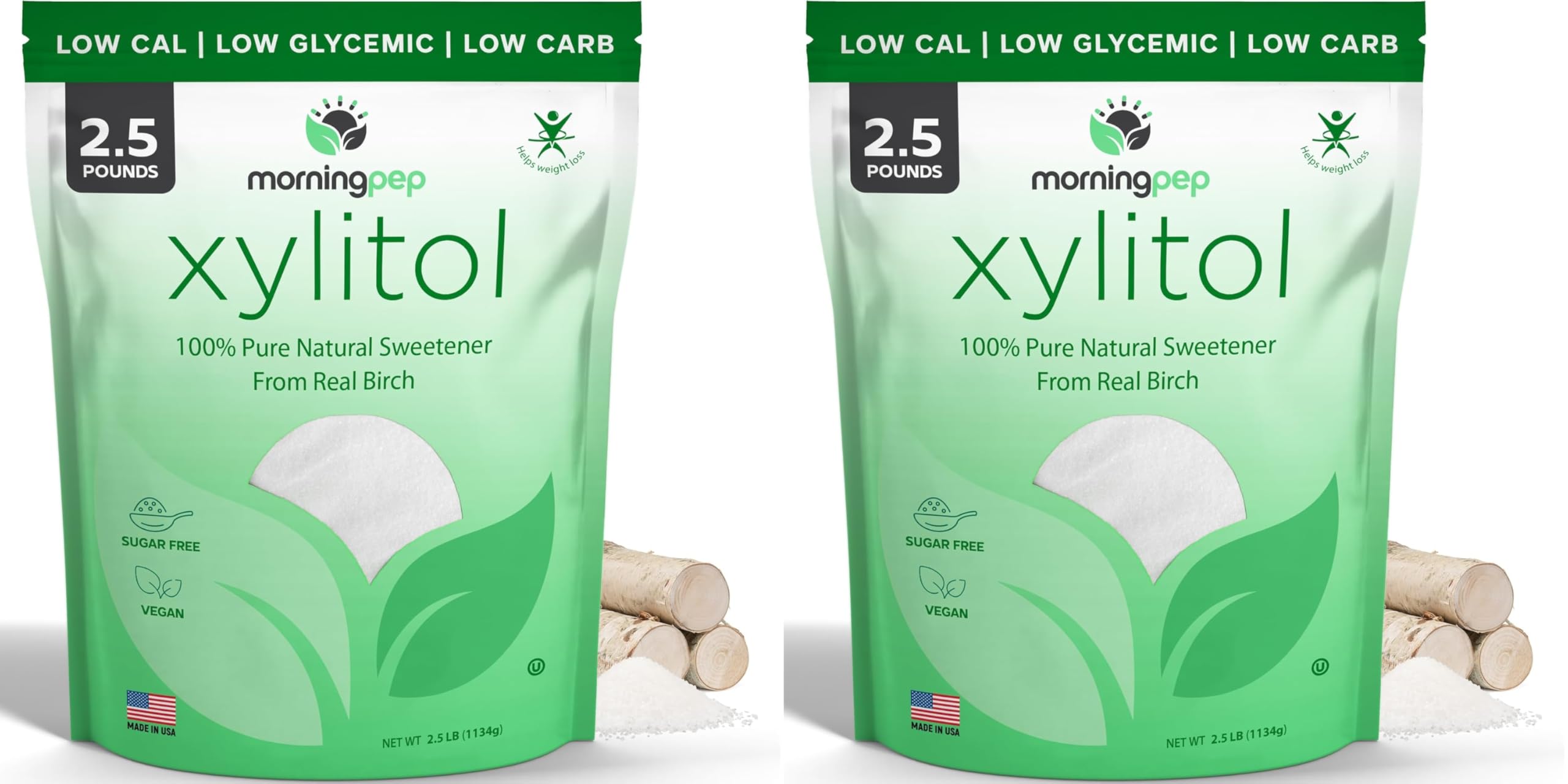 Pack of 2 Morning Pep Pure Birch Xylitol (Keto Diet Friendly) Sweetener with no Aftertaste 2.5 LBs (Not from Corn) Non GMO Kosher Gluten Free Product of USA. Total 5 Lbs (80 OZ)