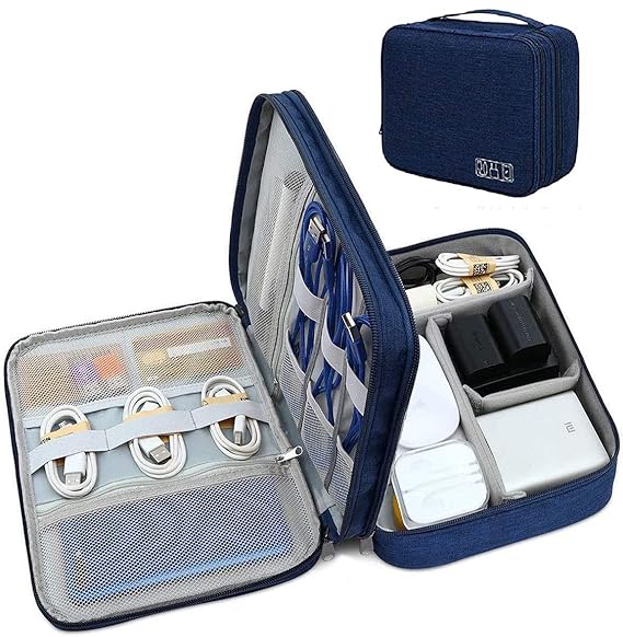 FORKLS Electronics Travel Organizer, Watreproof Electronic Accessories Case Portable Double Layer Cable Storage Bag for Cord, Charger, Flash Drive, Phone, Ipad Mini, SD Card-Navy Blue