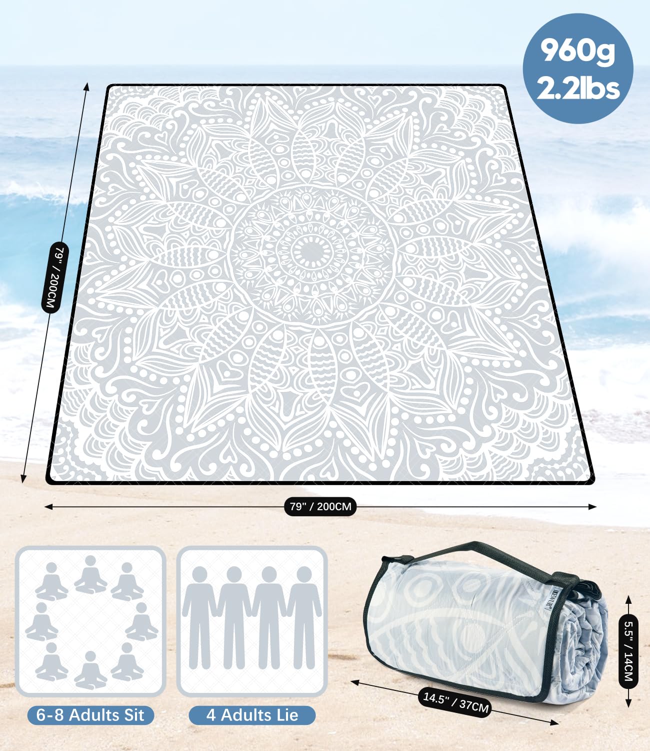 DEWUR Manta de picnic impermeable y lavable, XXL, para playa, sin arena, aislante, con parte inferior impermeable de aluminio (Gris, 200x200cm)