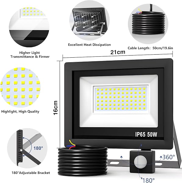 Realky 50W Fari Led da Esterno con Sensore di Movimento, IP65 Impermeabile Faretto Led Esterno 5000LM, 72 LED 6500K Bianca Fredda - Fari Led Interna ed Esterna per Giardino Cortile Garage - 4