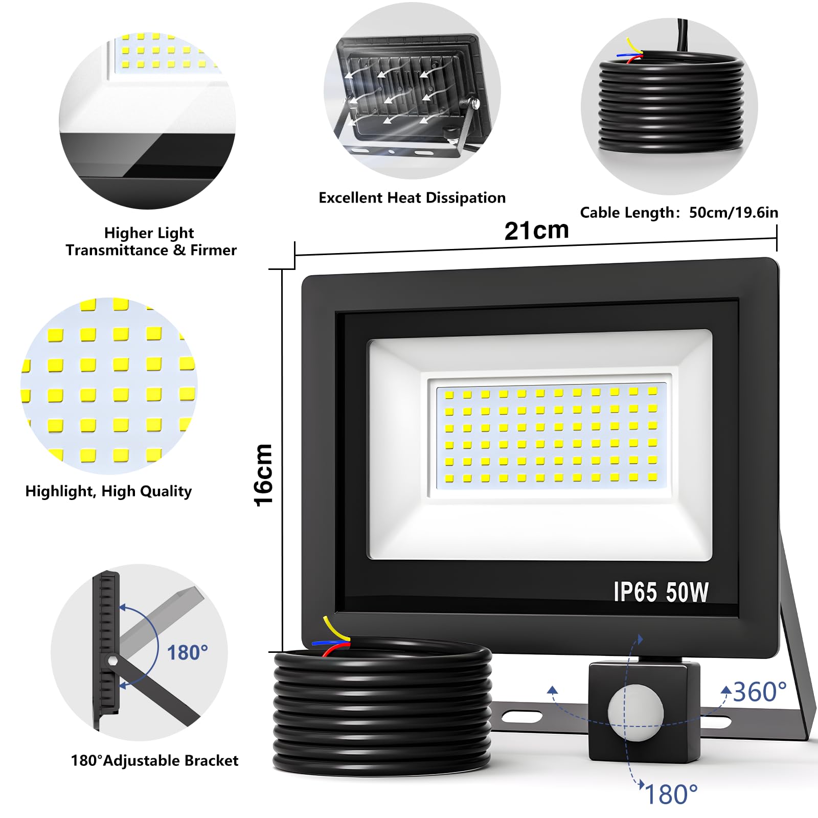Realky 50W Fari Led da Esterno con Sensore di Movimento, IP65 Impermeabile Faretto Led Esterno 5000LM, 72 LED 6500K Bianca Fredda - Fari Led Interna ed Esterna per Giardino Cortile Garage