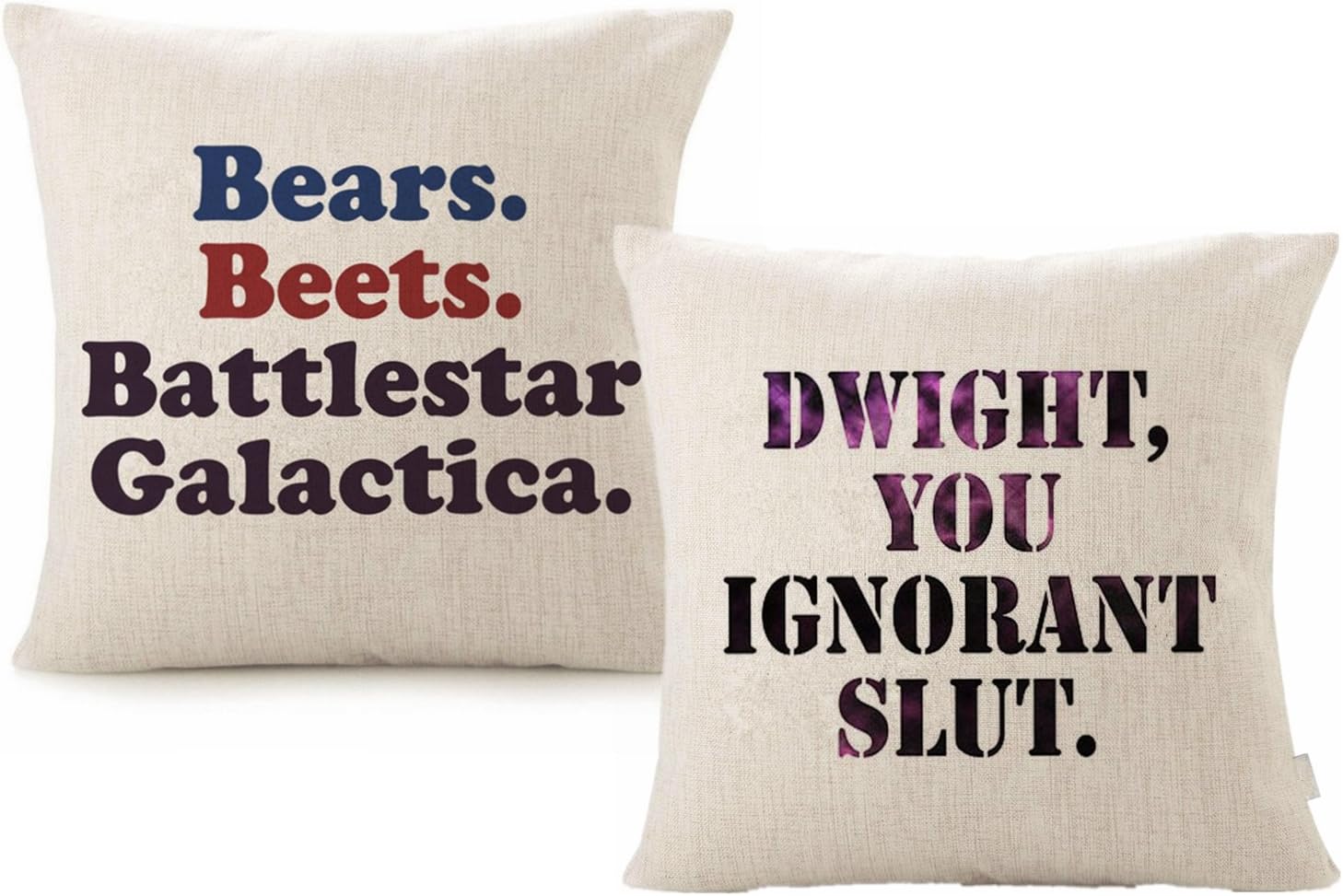 FOOZOUP Throw Pillow Case The Office Dwight, You Ignorant S. Wedding Decor Farmhouse Style Cotton Linen Cushion Cover with Bears, Beets, Battlestar Galactica Words for Sofa Couch 18 x 18 Inch(2 Pack)