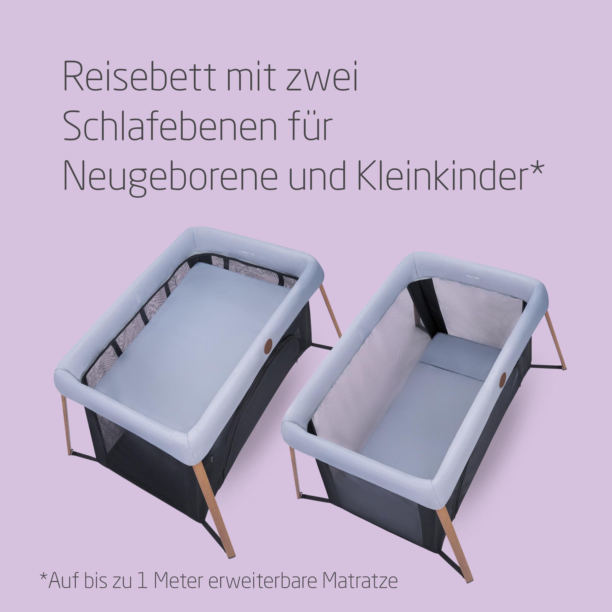 Maxi-Cosi Iris2, 2-in-1 Reisebett Baby, 0-3 Jahre, 0-15 kg, Kompaktes Reisebettchen, 2 Ebenen, Seitliches Einstiegsfenster, Faltbar & Leicht, Matratze Erweiterbar, Umweltfreundlich, Essential Grey