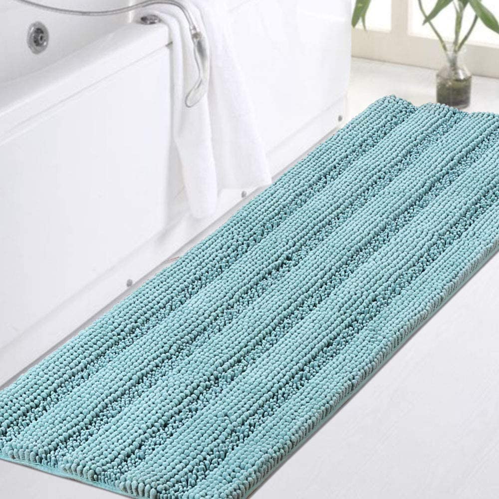 Turquoize Bath Rug - Large Size Plush Shaggy Chenille Bathroom Rug 47 x 17 Non-Slip Extra Soft & Absorbent Thick Shaggy Floor Mats, Washable, Aqua