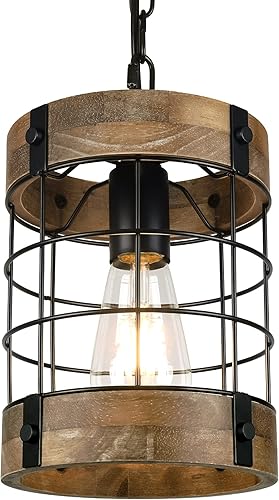 Miniatura 1 de Lámparas colgantes rústicas, iluminación colgante de madera de granja, lámpara de jaula redonda industrial para entrada, pasillo, comedor,