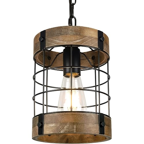Rustic Pendant Light Fixtures, Farmhouse Kitchen Wood Hanging Lighting, Industrial Round Cage Chandelier for Entryway Hallway Dining Room Bedroom Foyer
