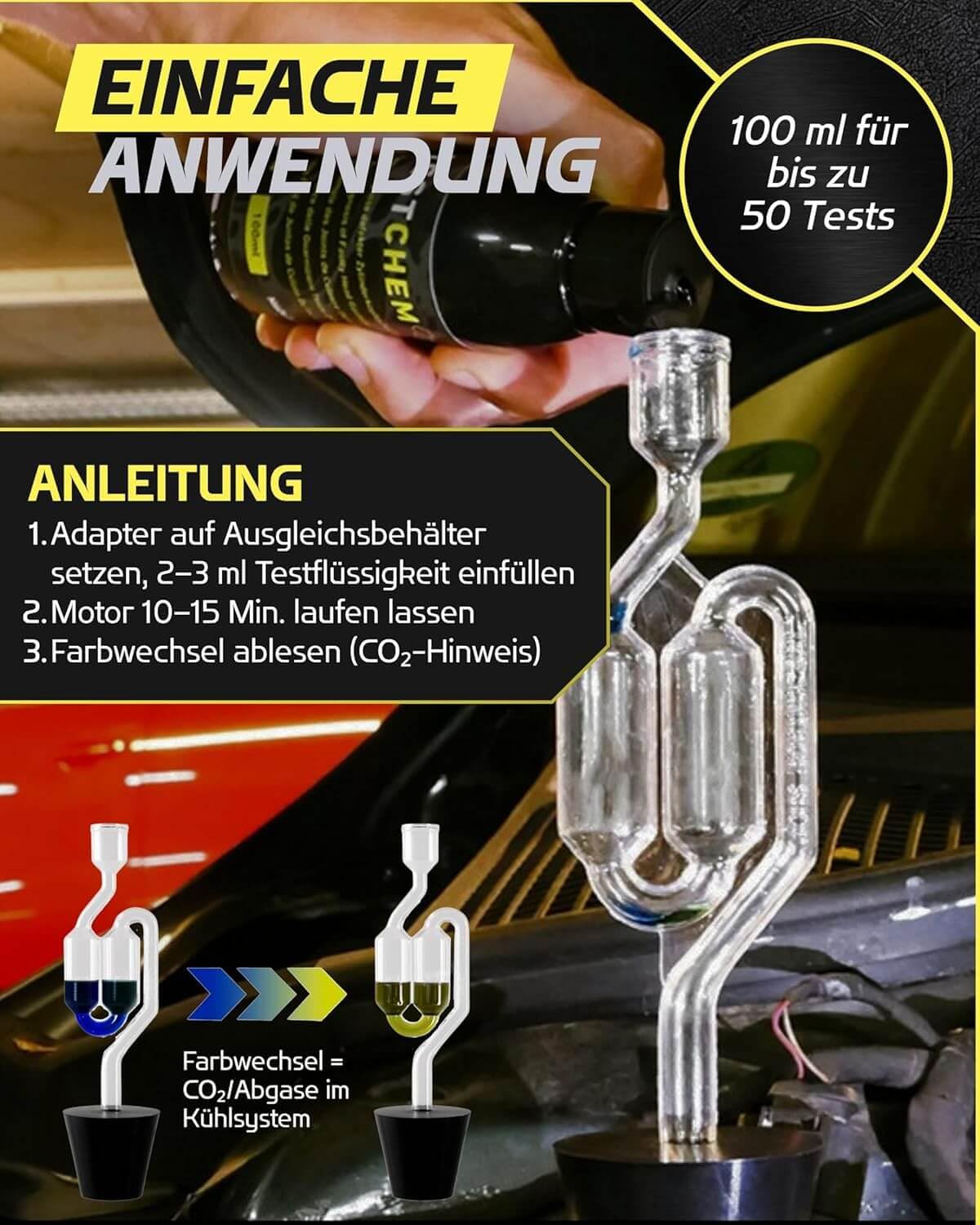 STEEL SEAL TESTCHEM Tester uszczelki głowicy cylindra CO2 do wody chłodzącej 100 ml – system chłodzenia, test spalin – zestaw testowy do testowania szczelności głowicy przed użyciem, uniwersalny do